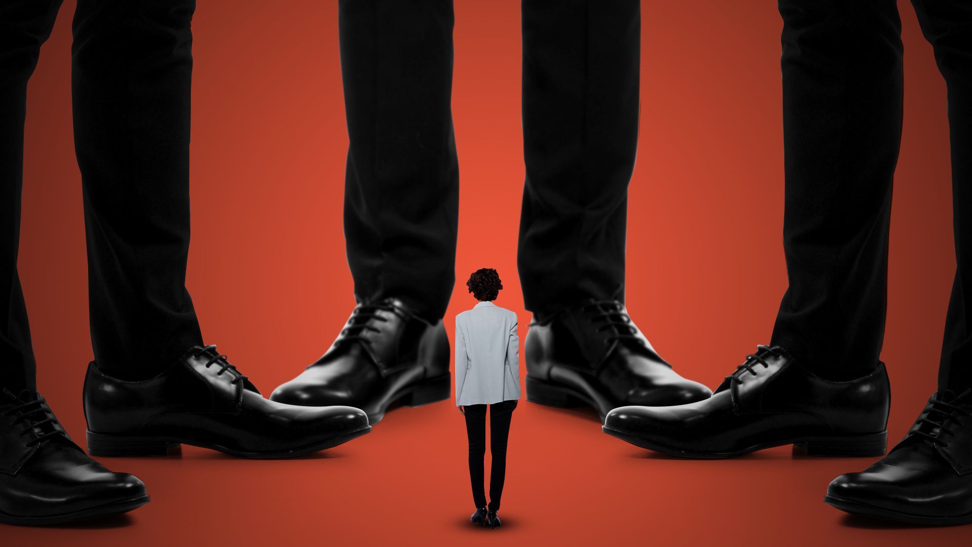 Illustration of a woman standing in the middle of larger legs of several men. 