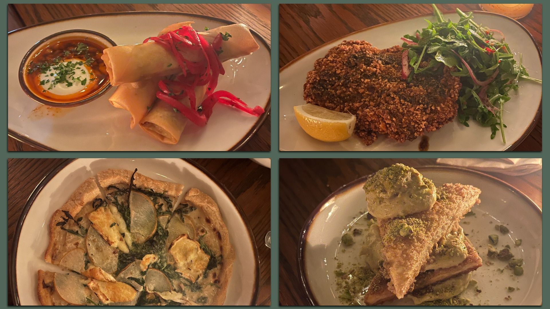 Four-dish collage: top-left fried spring rolls with dipping sauce; top-right crumb-crusted meat with lemon and greens; bottom-left potato-topped flatbread; bottom-right pistachio-crusted fish with green sauce.
