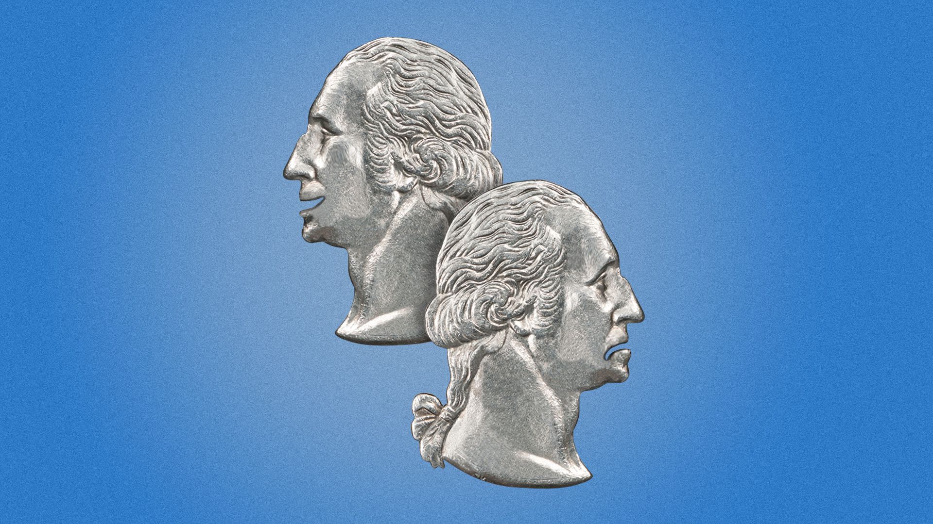 Illustration of two George Washington faces cut out of quarters with happy and sad faces like drama masks.