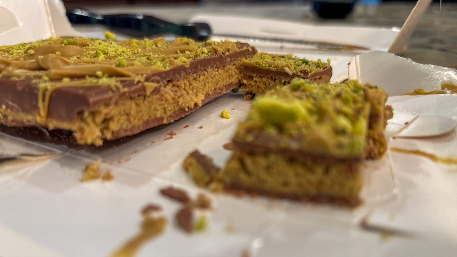 Dubai chocolate bar, filled with knafeh and pistachio