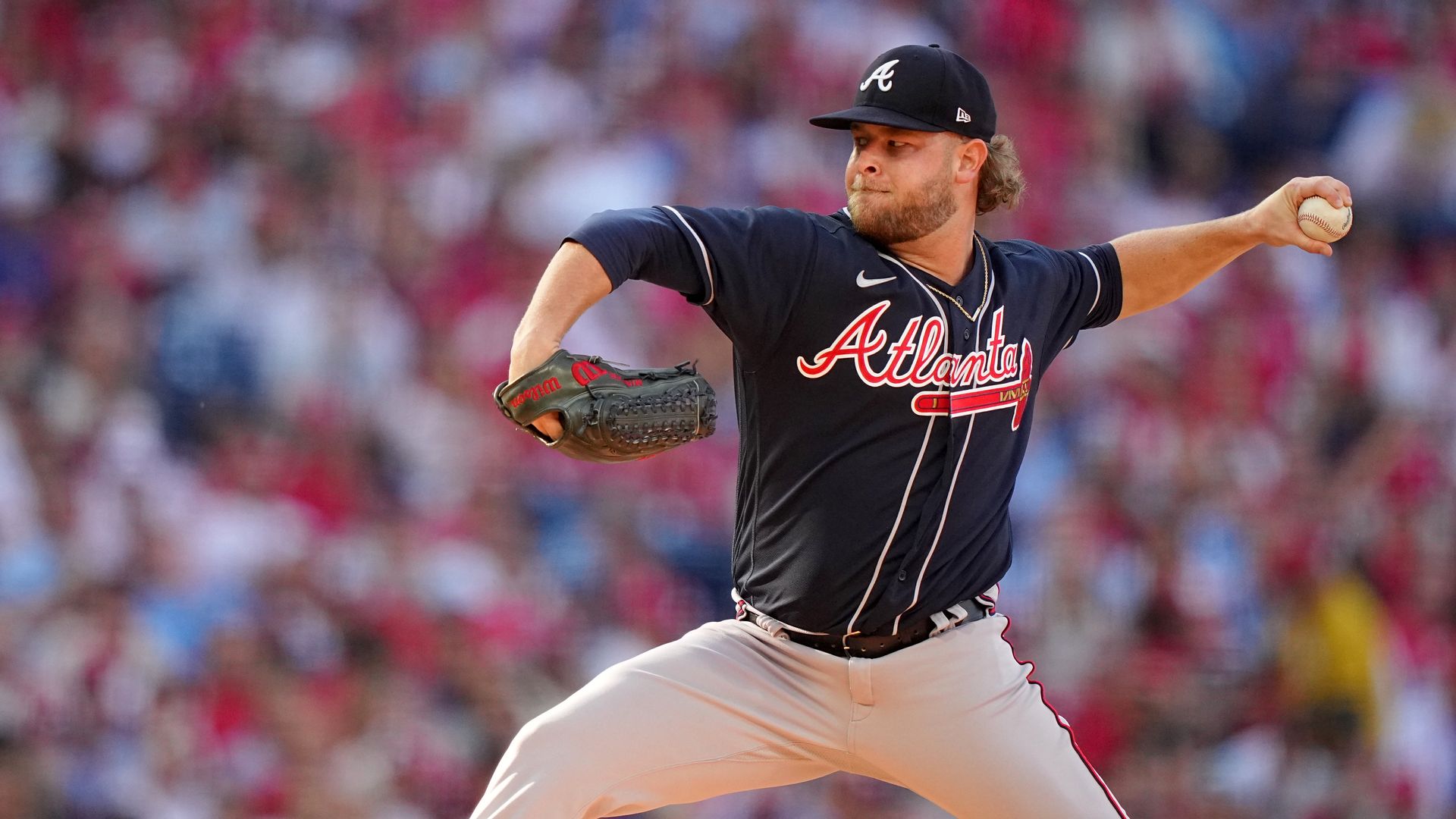 Atlanta Braves A.J. Minter (33) in action, pitching vs Philadelphia Phillies at Citizens Bank Park. Game 4. Philadelphia, PA 10/15/2022 CREDIT: Erick W. Rasco