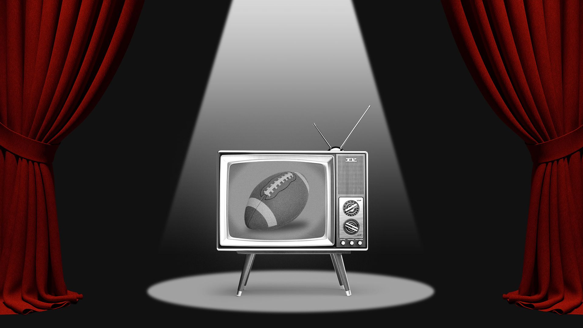Illustration of a retro style TV showing a black and white image of a football on a curtained stage