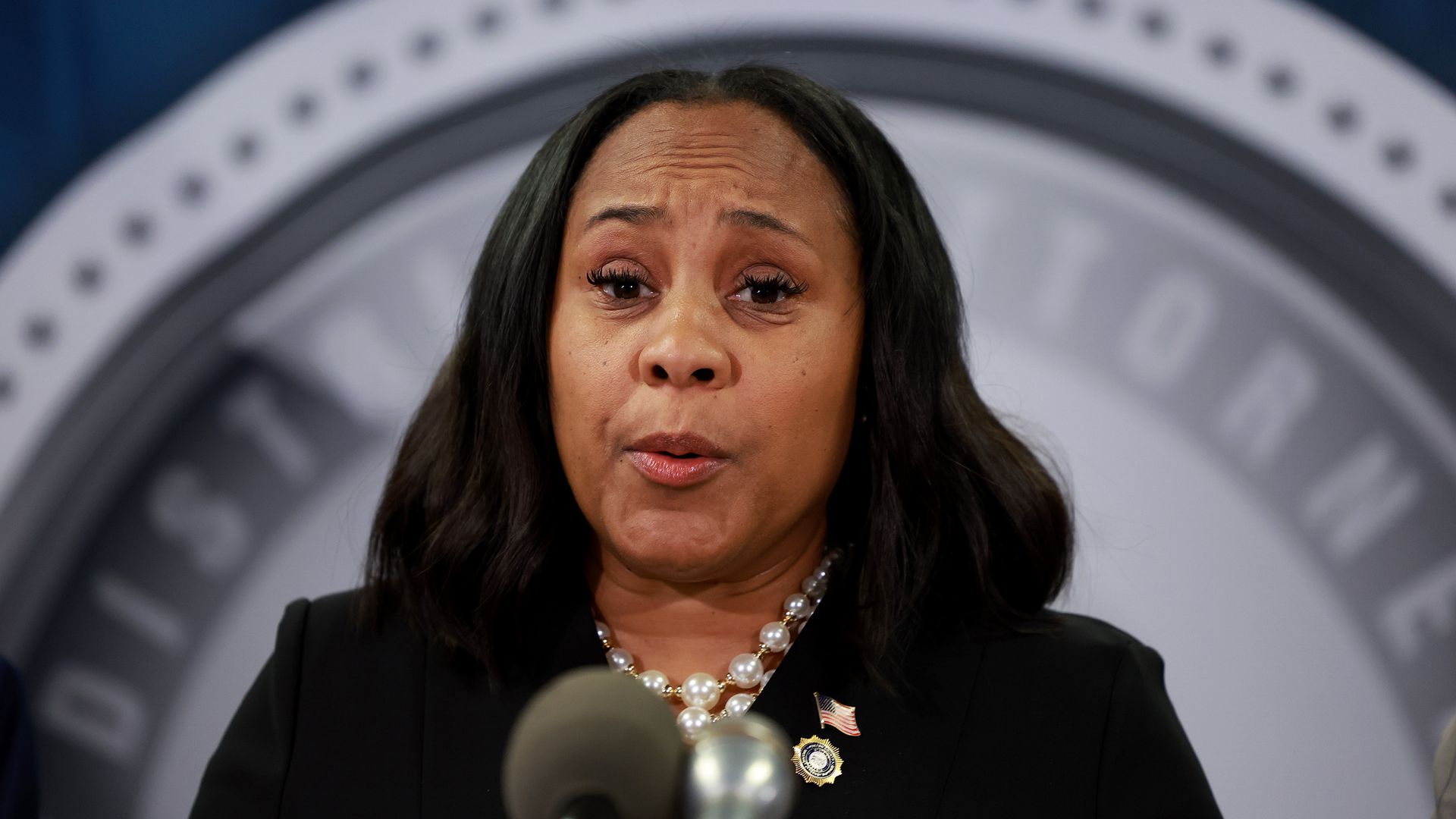 Fulton County District Attorney Fani Willis speaks during a news conference at the Fulton County Government building on August 14, 2023 in Atlanta, Georgia.