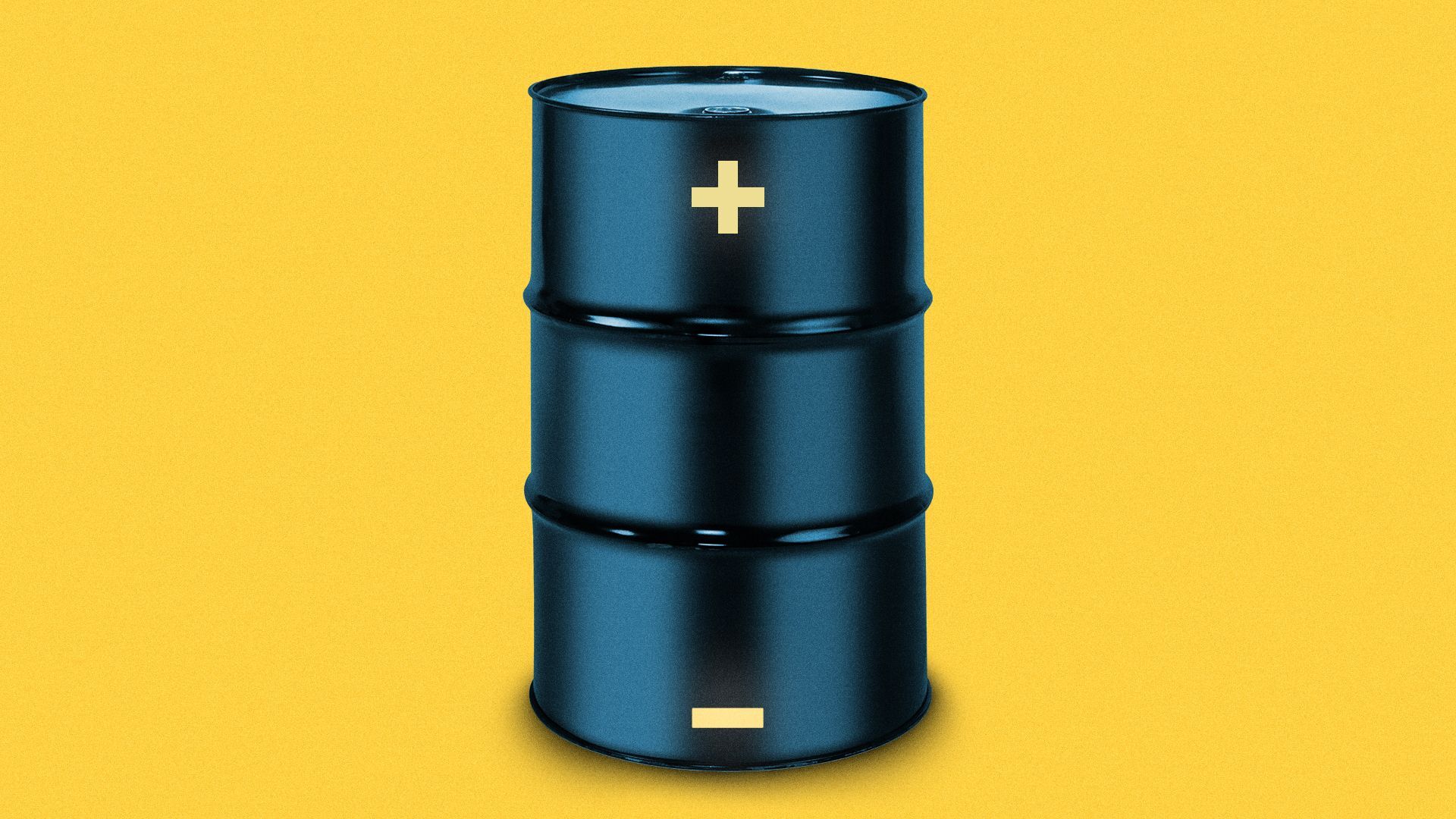 Illustration of an oil barrel with a positive and negative sign on either end, like a battery.