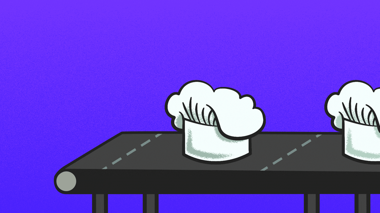 Animated illustration of chef hats popping up onto a conveyor belt, which carries them away.