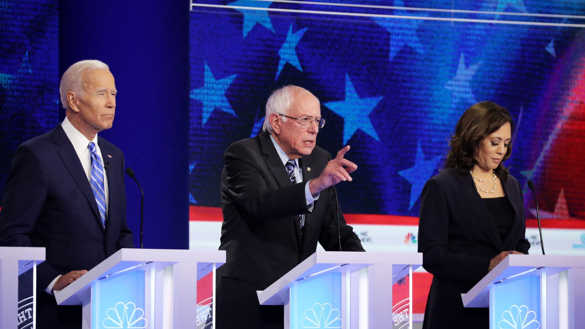 Joe Biden, Bernie Sanders and Kamala Harris during the first Democratic debate