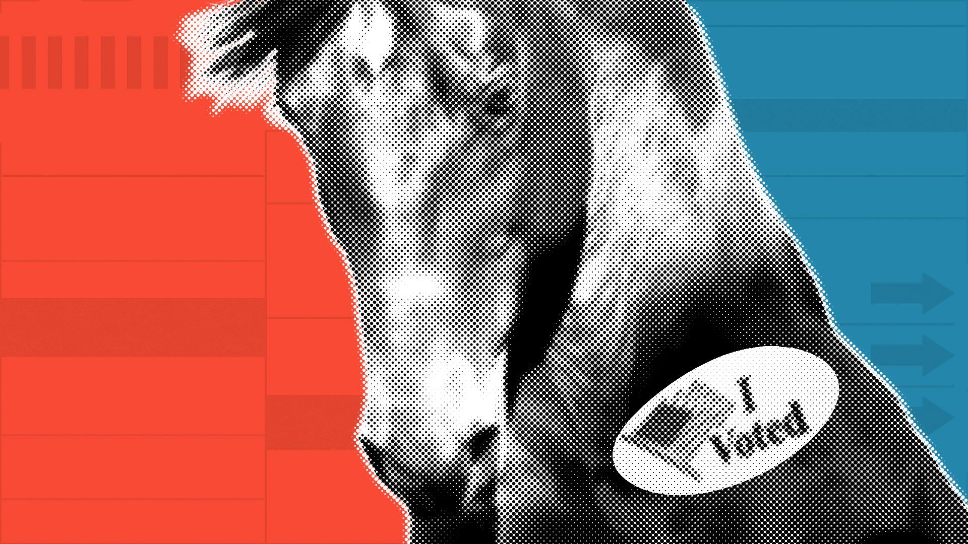 Illustration of a horse wearing an I voted sticker over a divided red and blue background with elements of ballots. 