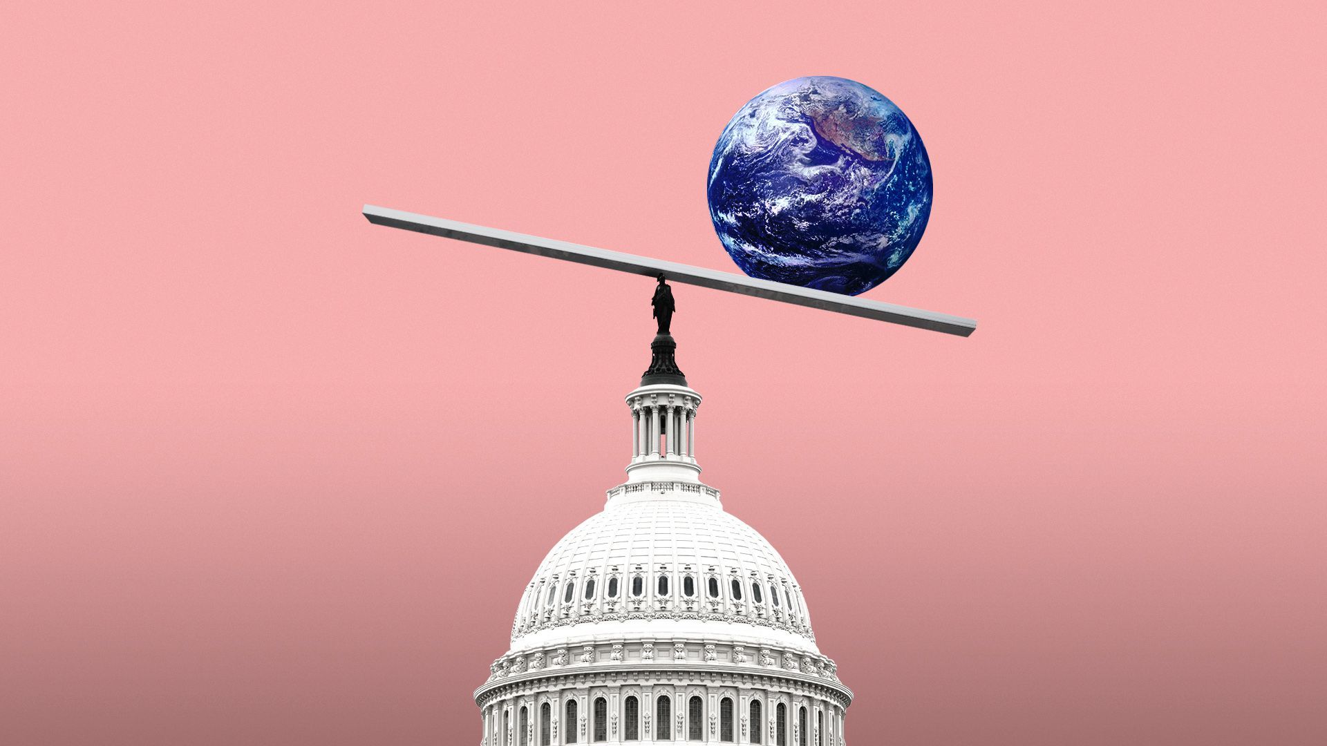 Illustration of Earth balancing on a seesaw sitting atop the Capitol Building