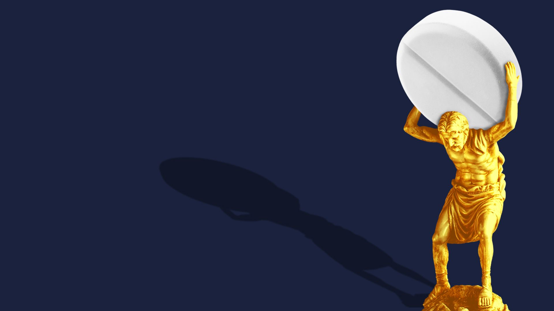 Illustration of a statue of Atlas holding a pill instead of the world.