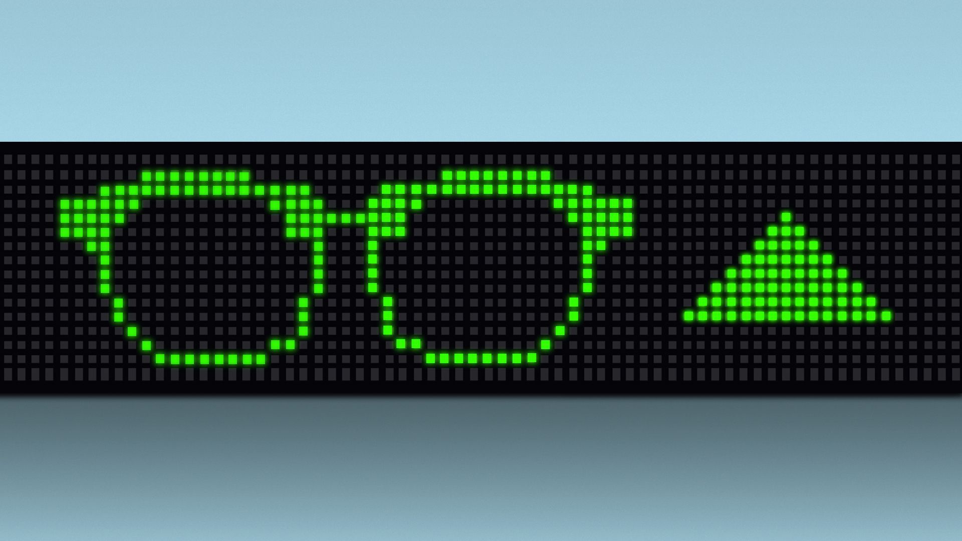 Illustration of a stock ticker with LED lights making a glasses shape and an upward pointing arrow