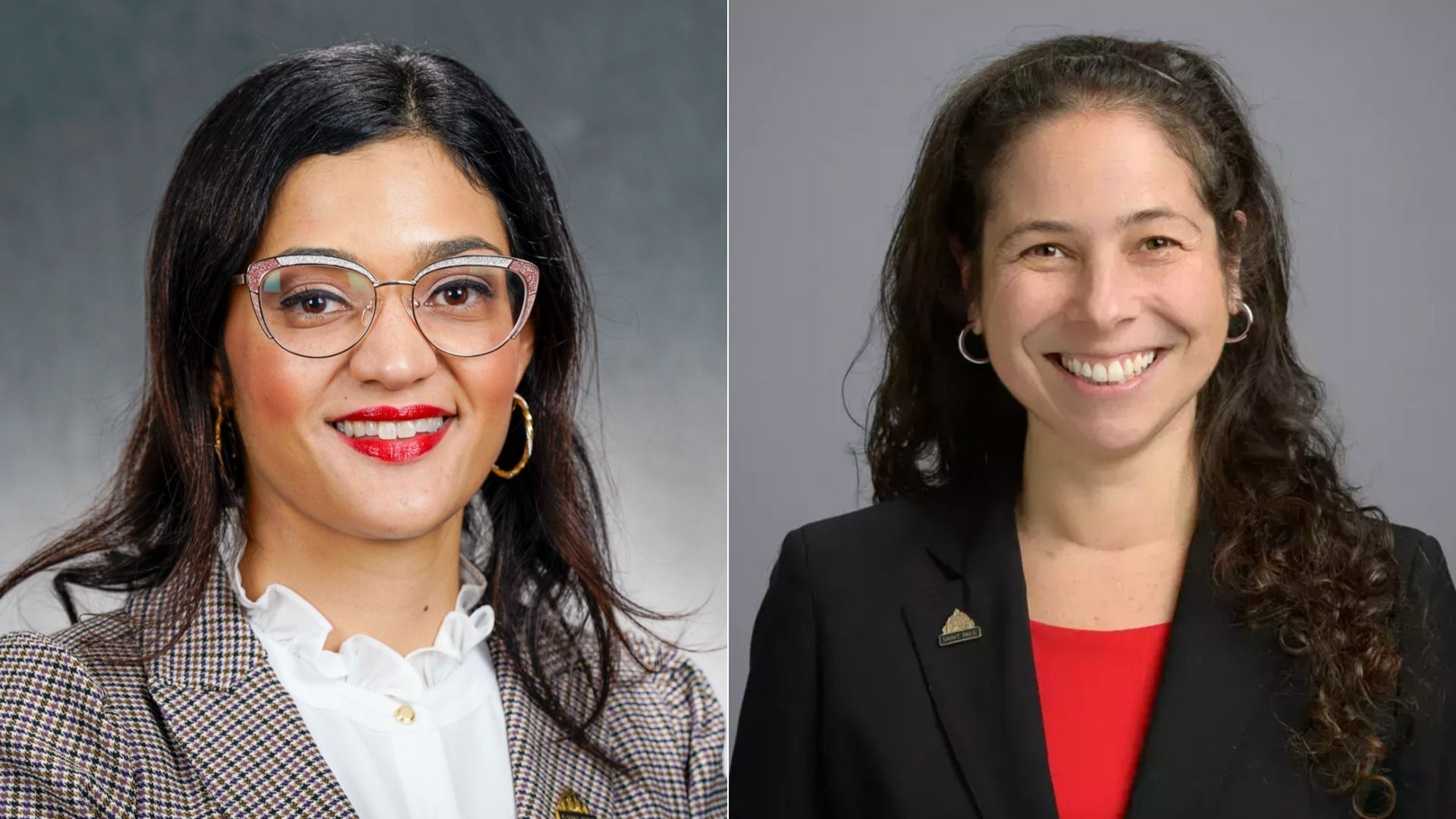 Split-screen portrait of two women: left, woman with long dark hair, red lipstick, glasses, plaid blazer and white ruffled blouse; right, smiling woman with wavy hair, hoop earrings, black blazer and red top.