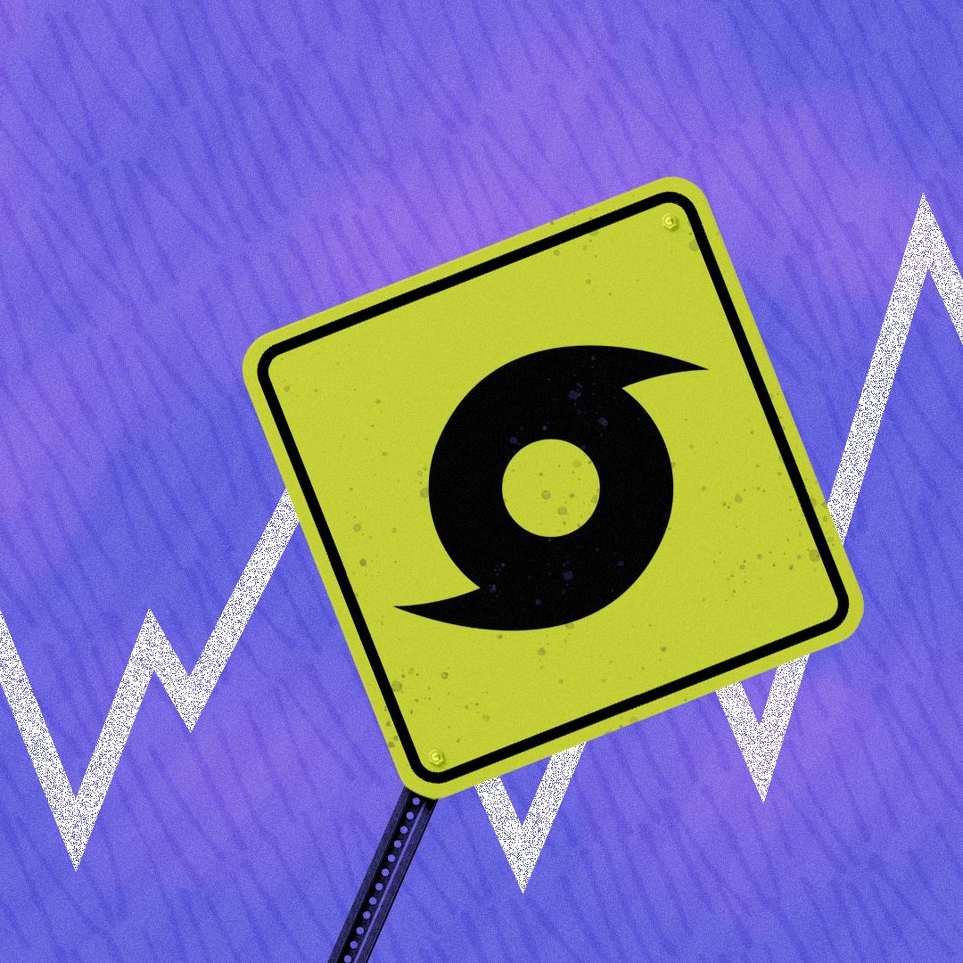 Illustration of a road sign with a hurricane icon on it in a storm