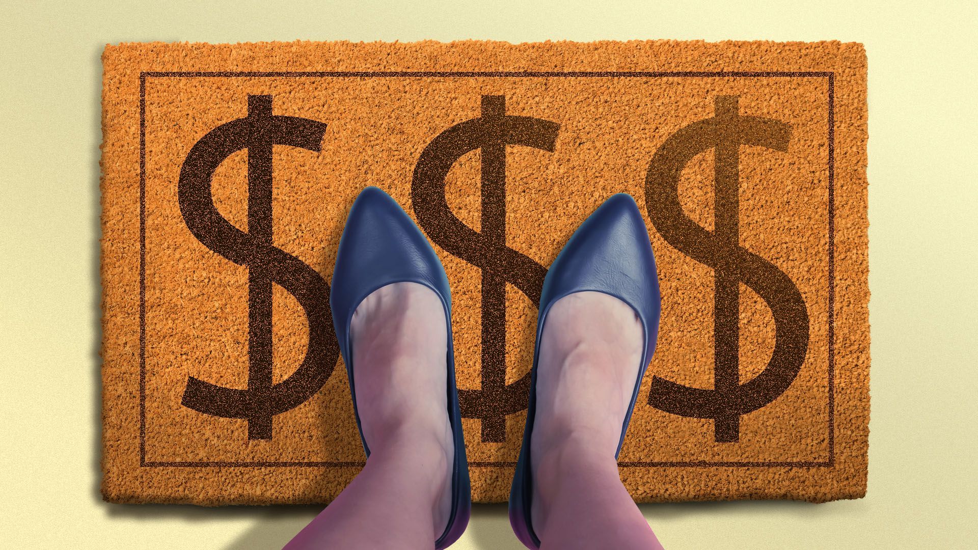 Illustration of a real estate agent standing on a welcome mat with dollar signs on it
