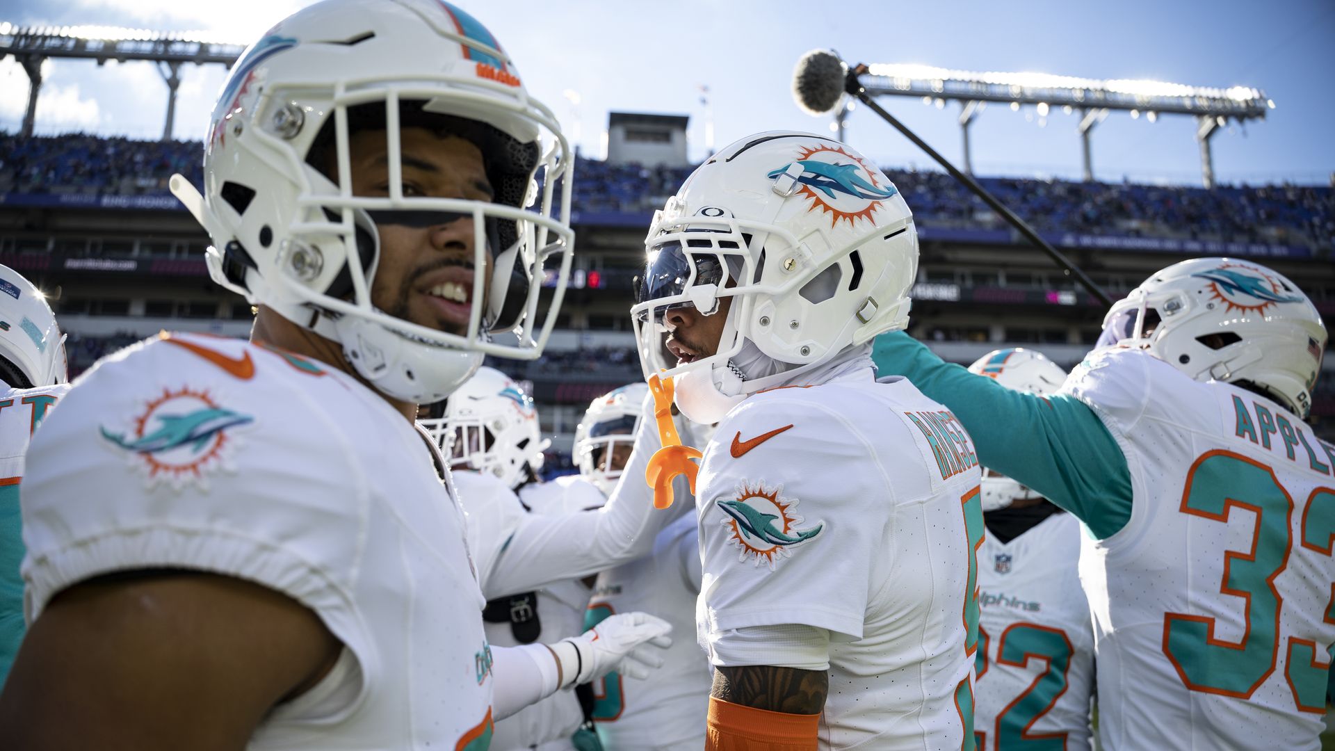 Jalen Ramsey reacts as he leads the Dolphins huddle prior to Miami's game against the Baltimore Ravens on December 31.