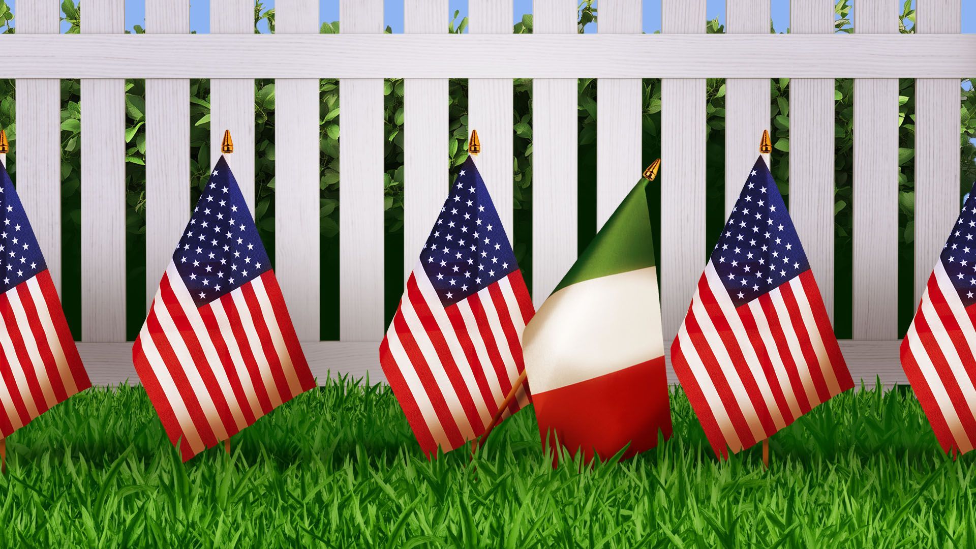Illustration of a collection of American flags in front of a white picket fence in a yard with a single Italian flag