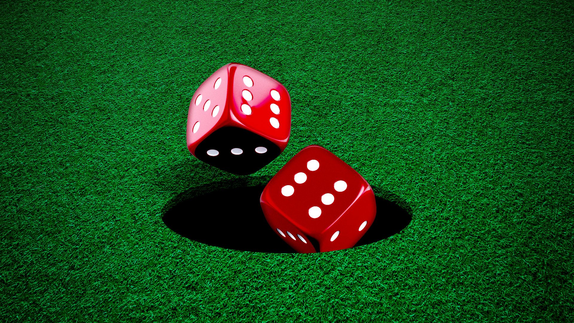 Illustration of two dice falling into a dark hole on a felted table. 