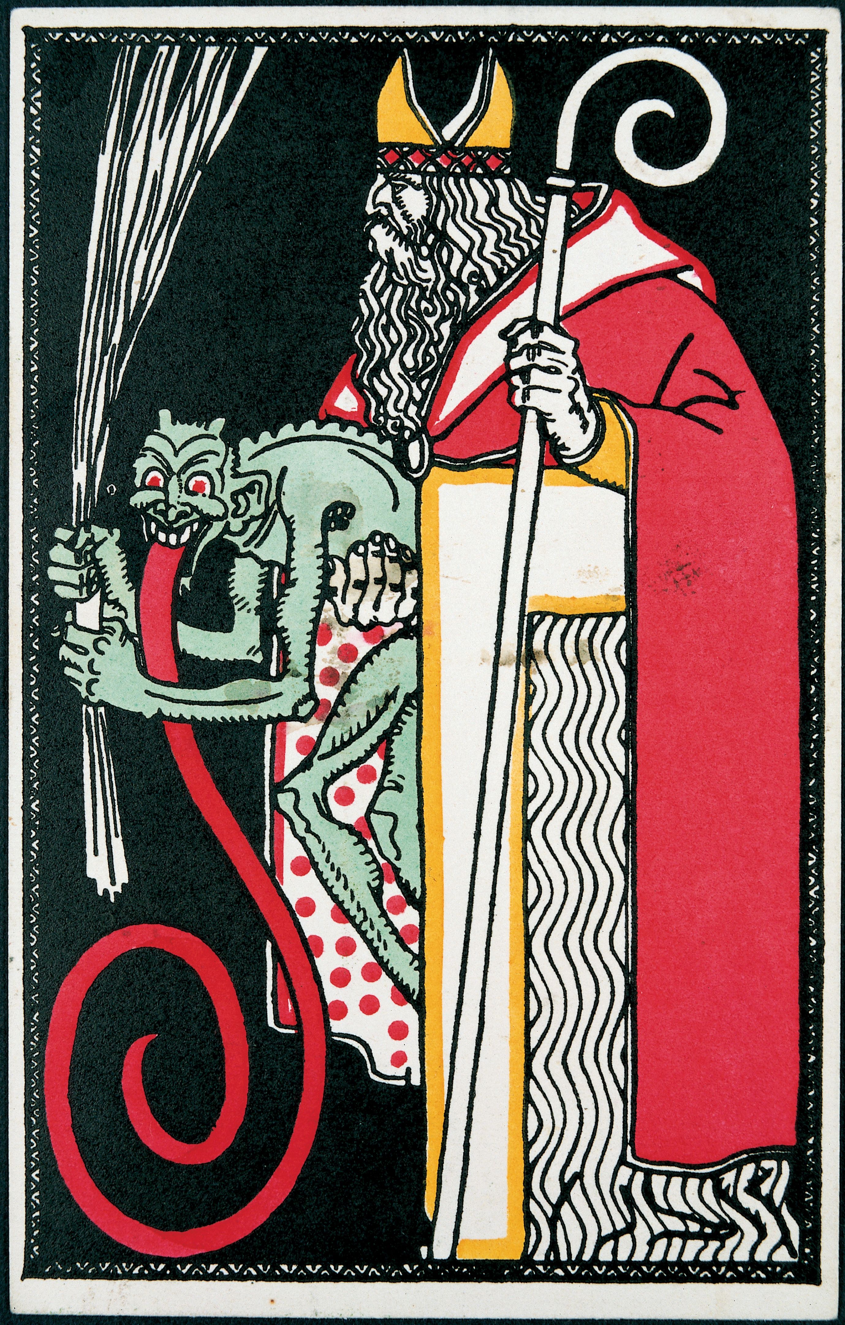 Krampus (Devil) and Santa Claus. Felicitation Card. Postcard by the Viennese Werkstaette, Number 541. Colour Lithography, 14 : 9 cm. Around 1911. (Photo by Imagno/Getty Images)
