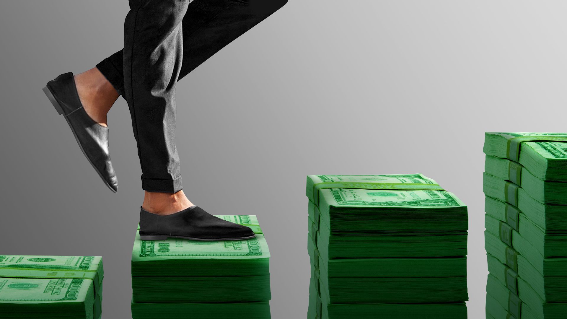 Illustration of a Black woman stepping up stairs made of stacks of cash. 