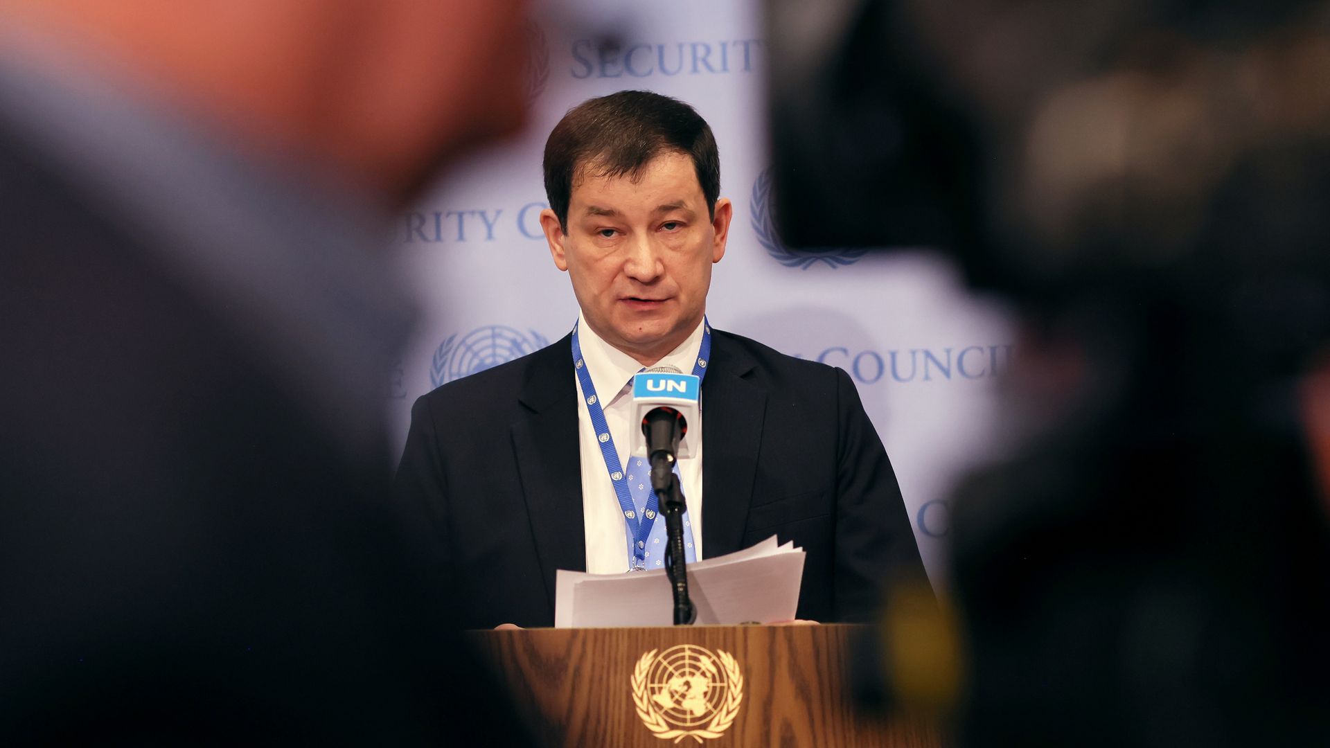  Dmitry Polyanskiy, First Deputy Permanent Representative of Russia speaks at a press conference ahead of the UN Security Council meeting at the United Nations on April 19, 2022 in New York City.