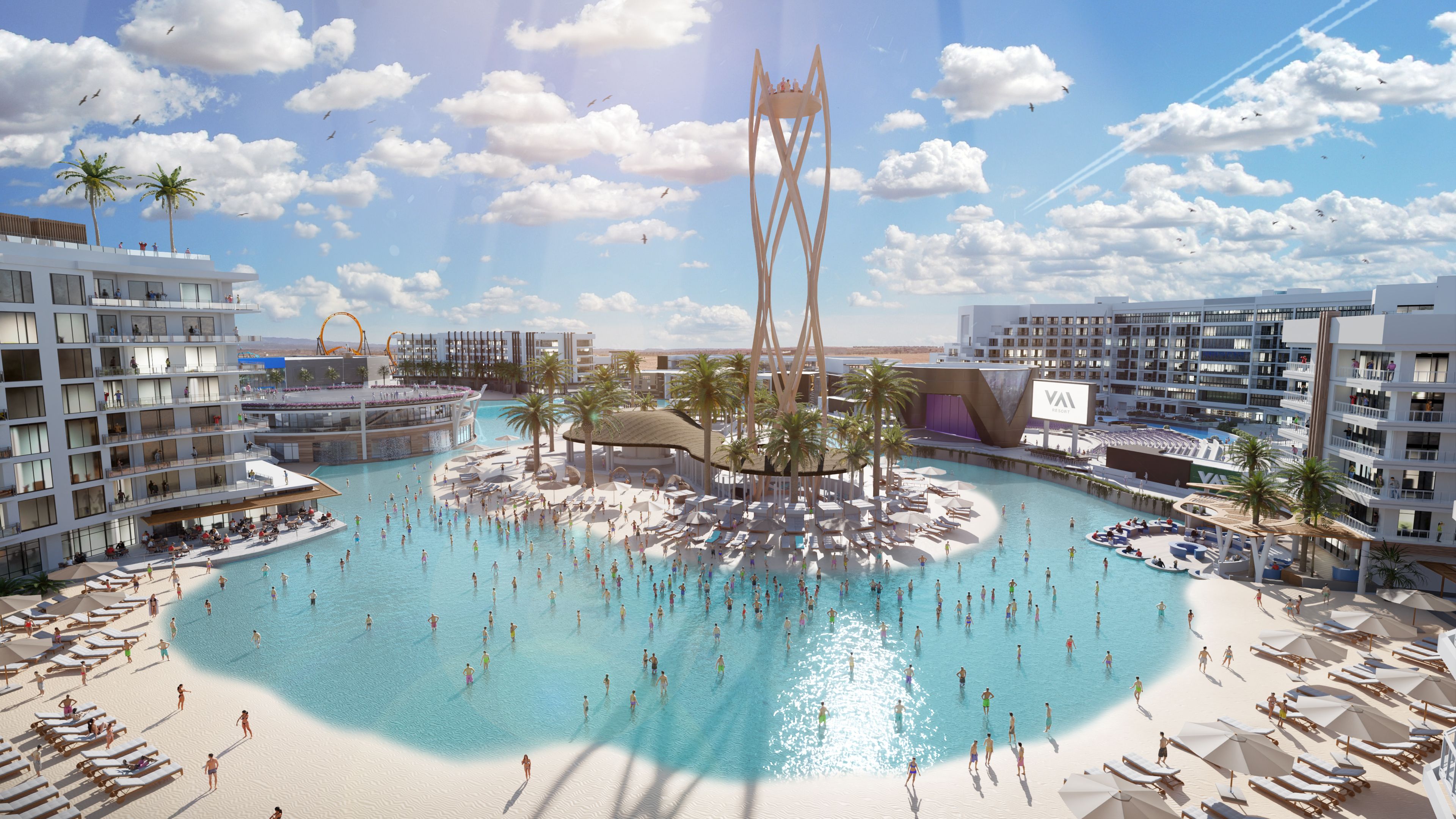 A rendering of a manmade beach. 