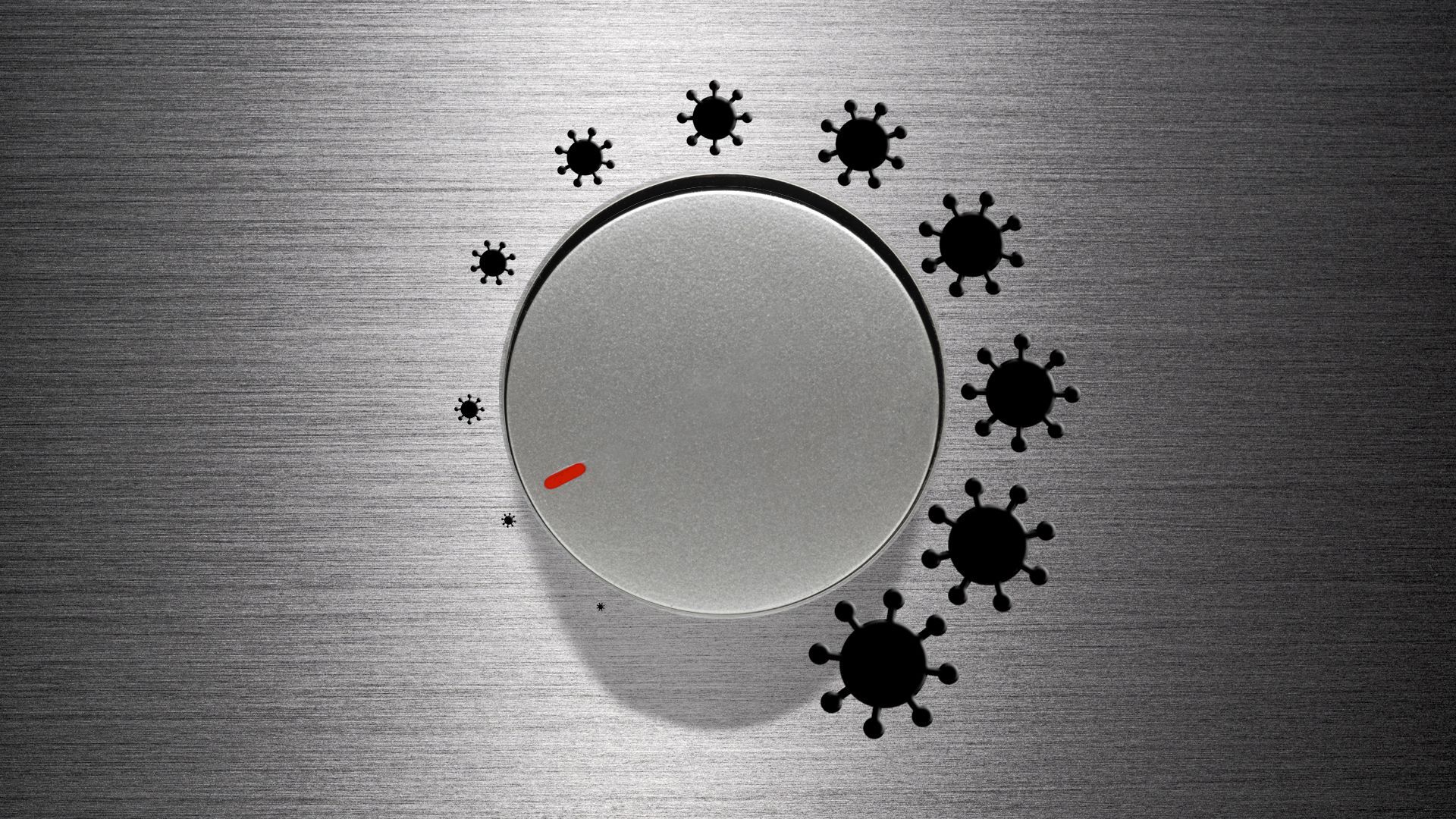 Illustration of a dial with progressively larger coronavirus icons for settings.