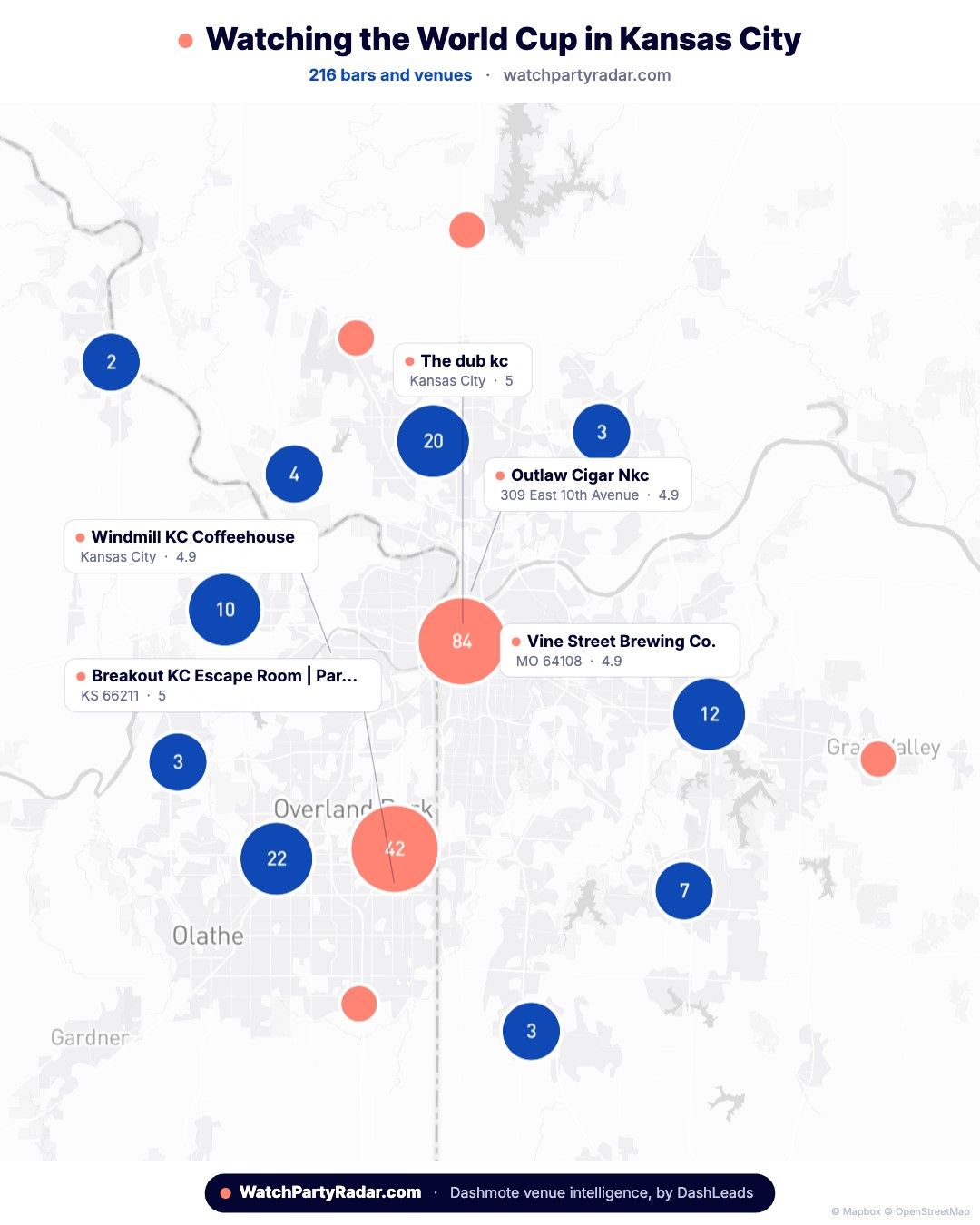 Map showing colored dots with numbers representing regions with certain amounts of watch parties, with 82 downtown and more than 60 in and around Johnson County. 