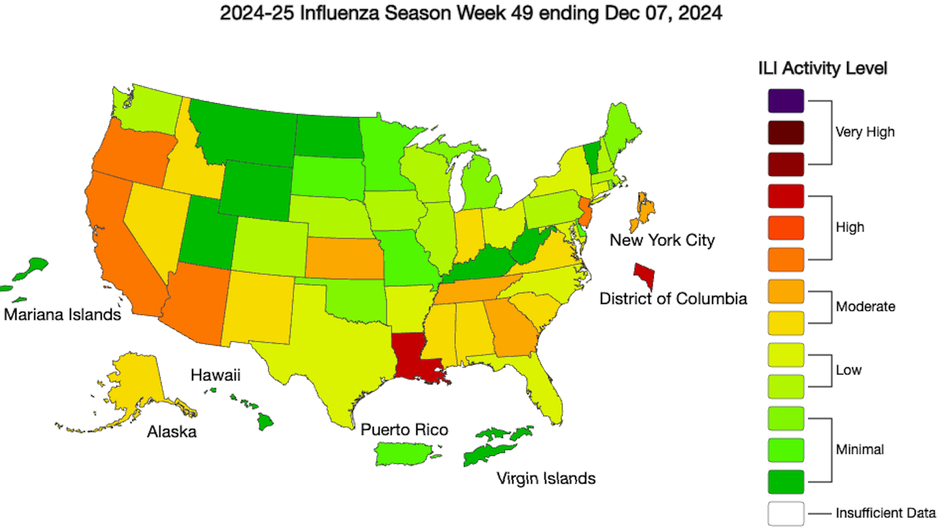 Photo shows a chloropleth map of the US with Louisiana in red.