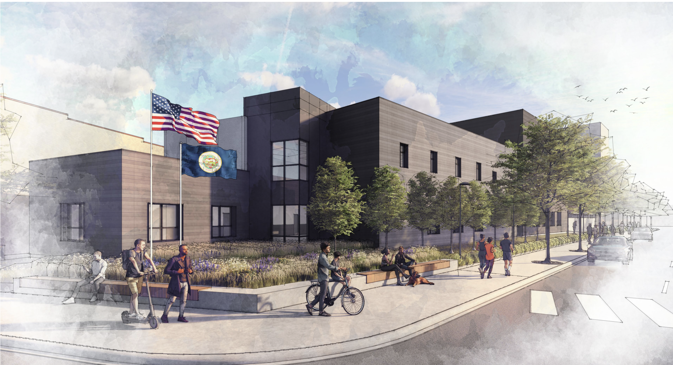 A rendering of a new brown, boxy police station in Minneapolis with trees and a flag poll