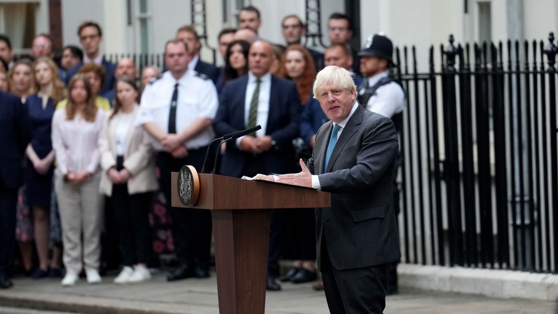 Boris Johnson delivers a farewell address at 10 Downing Street before his official resignation as British prime minister on Tuesday. 