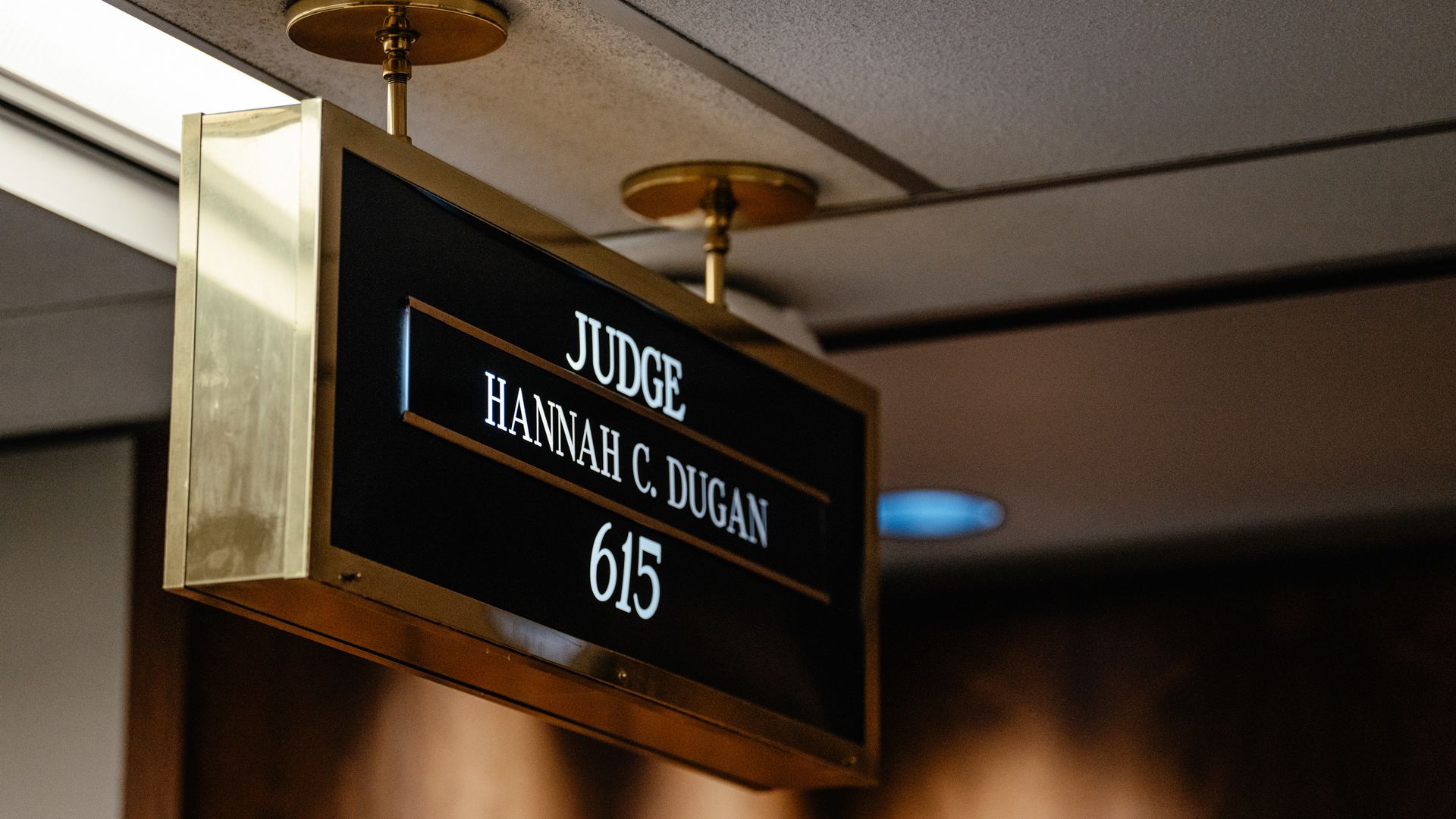 A sign for Judge Hannah Dugan's courtroom 
