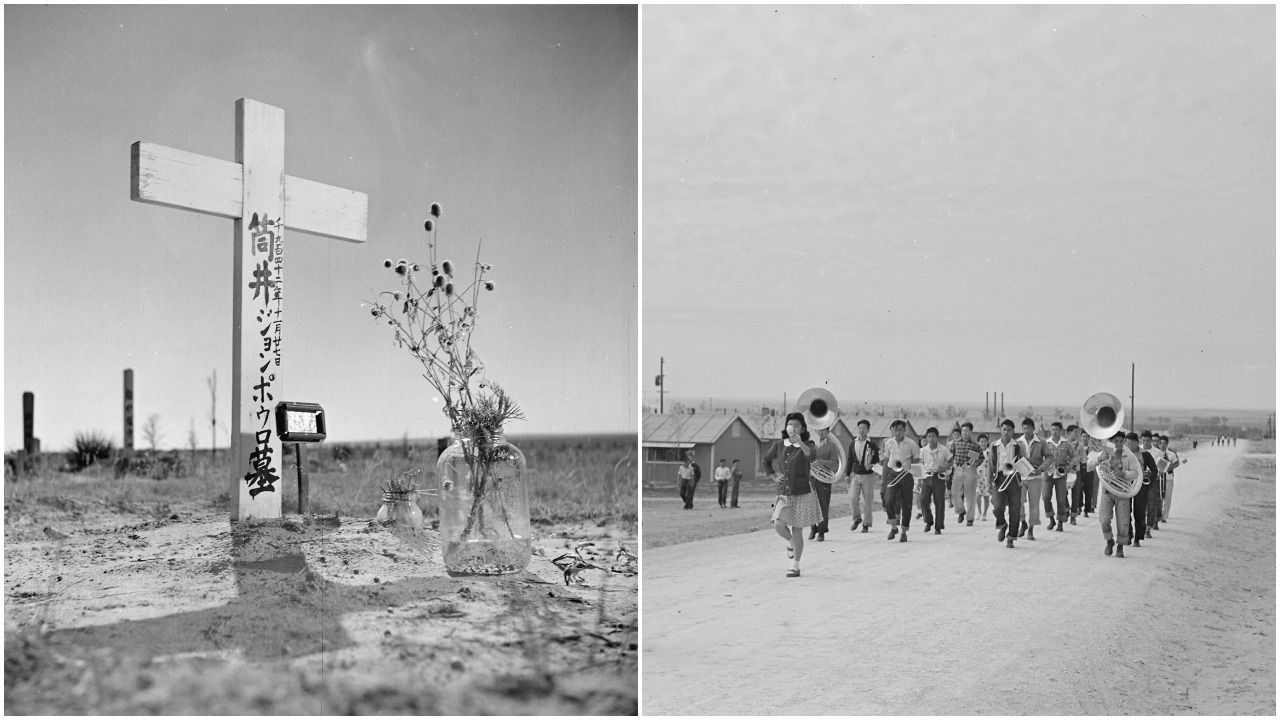 Two photos positioned next to each other: One on the left shows a burial site with a cross, the other Japanese Americans performing in a marching band