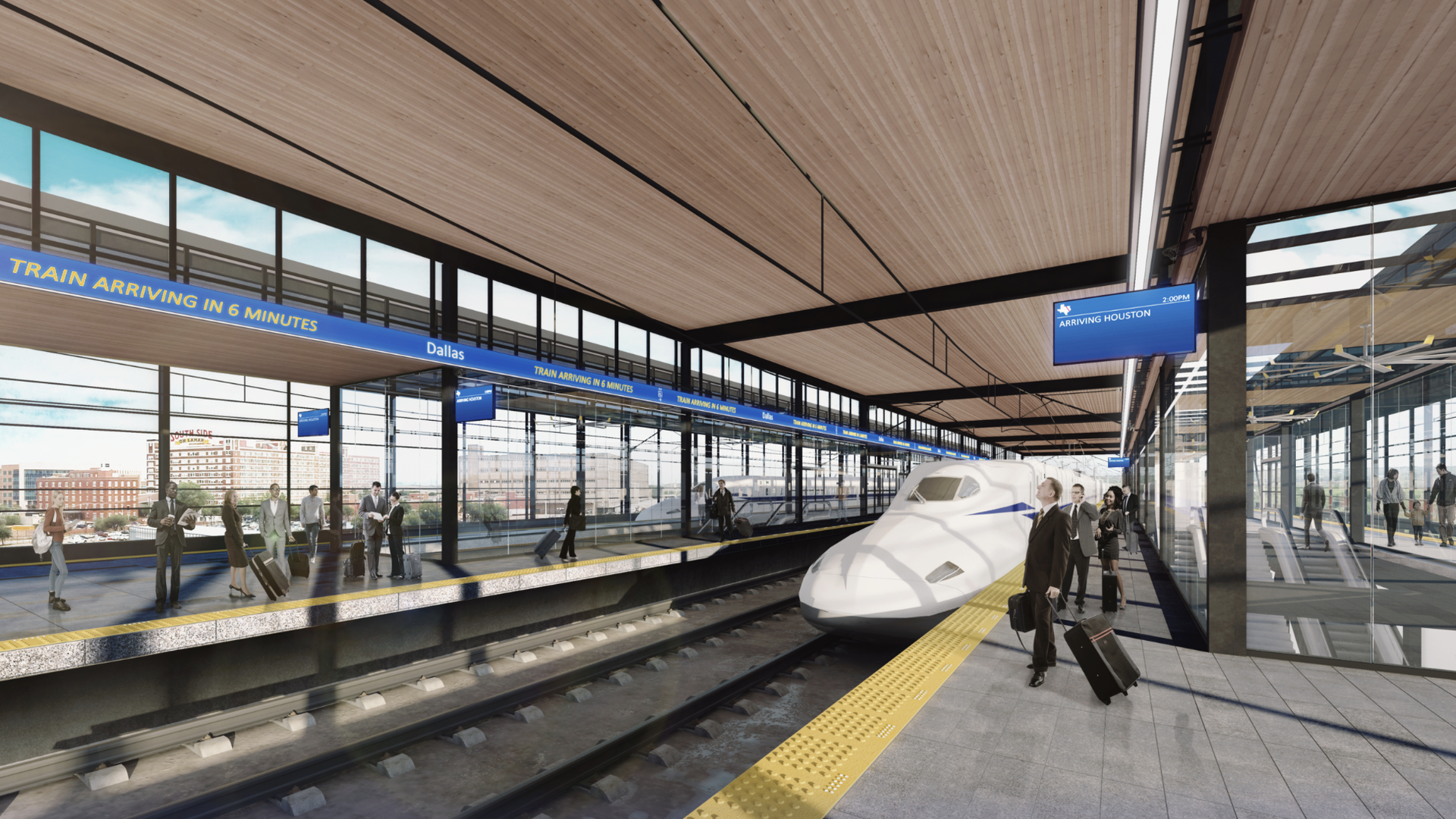 A rendering of a bullet train arriving in a station 