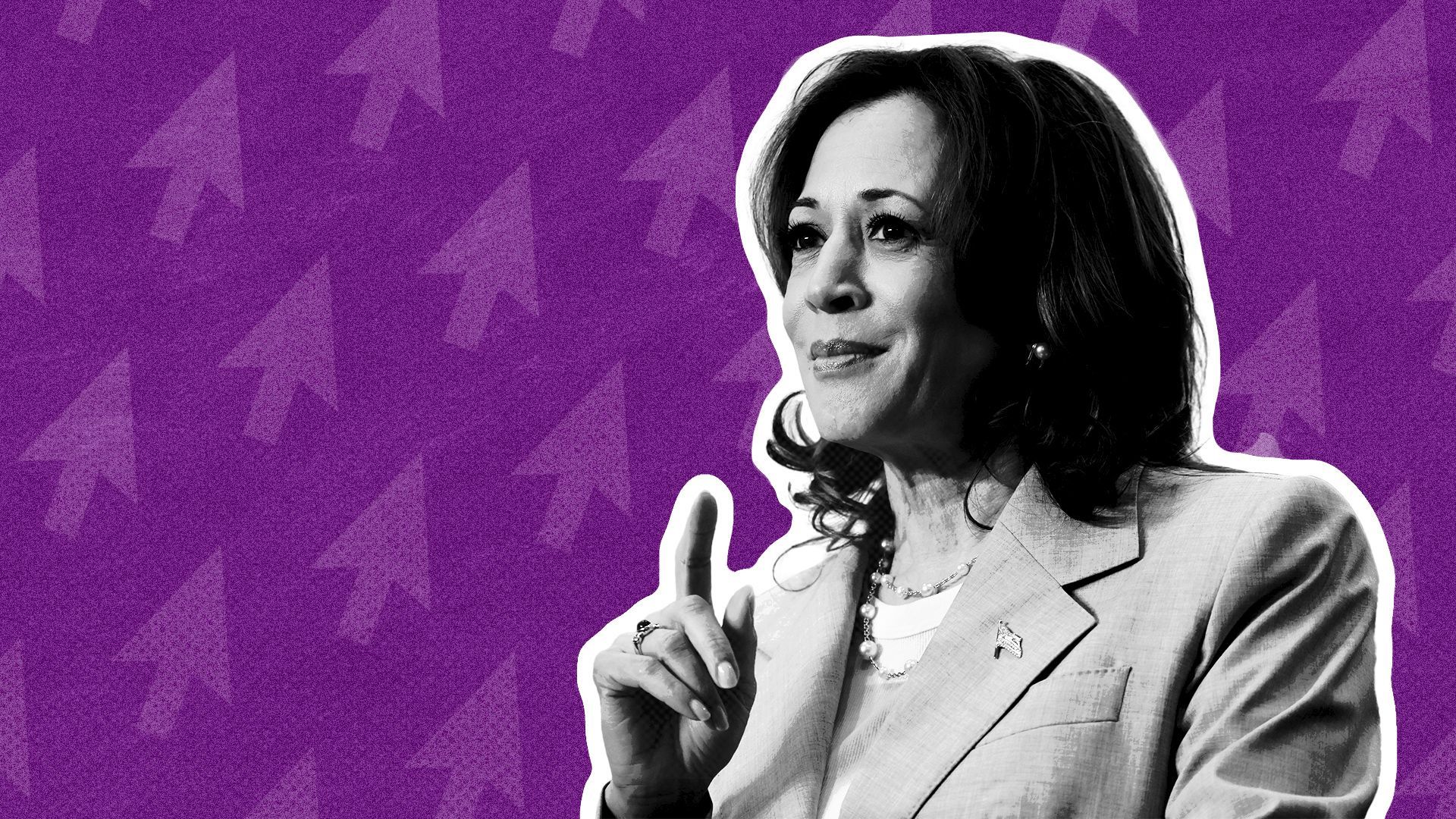 Photo illustration of Kamala Harris on a background of a repeating pattern of arrow cursors.