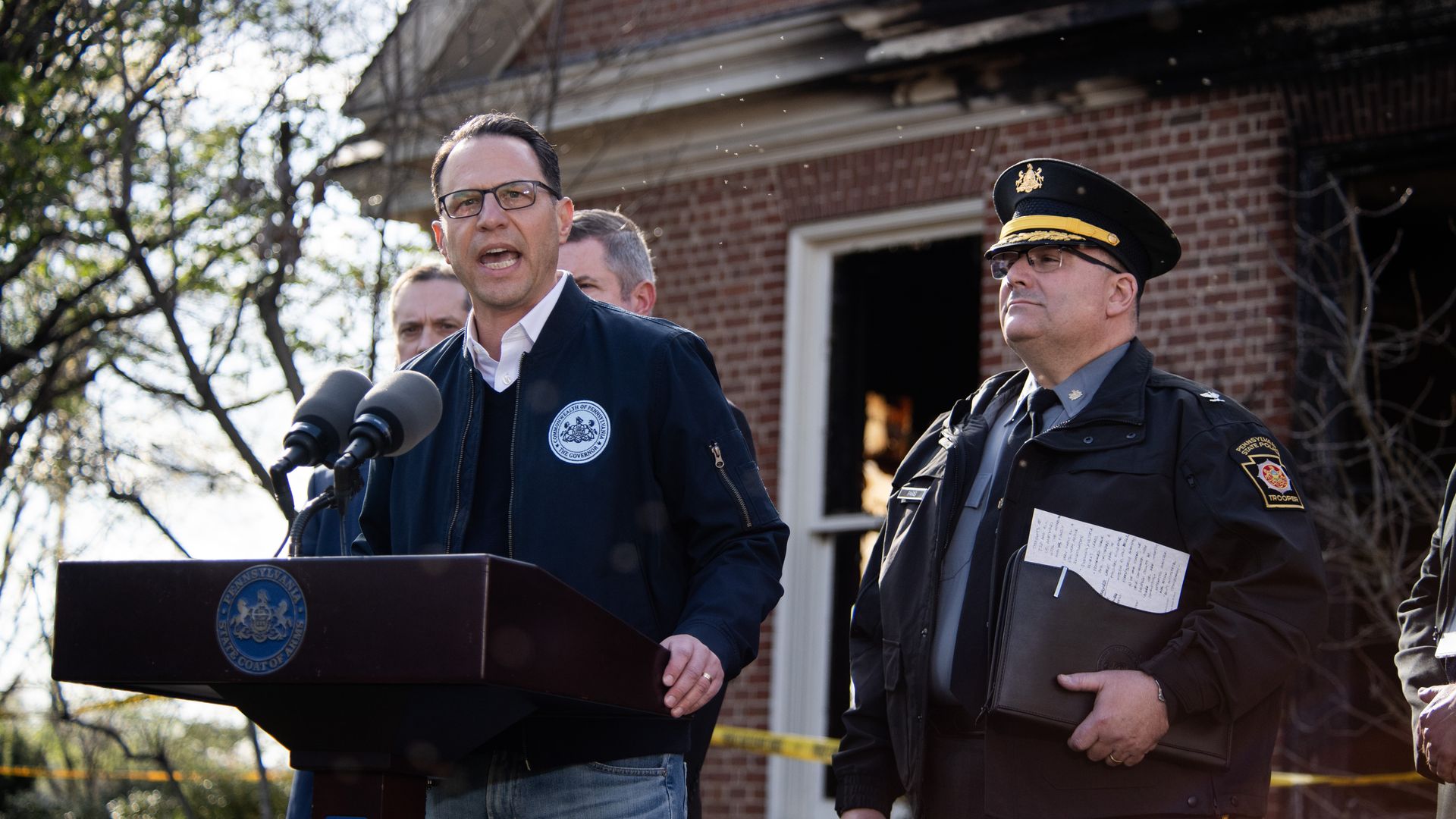 Pennsylvania Governor Shapiro's Residence Set On Fire In Suspected Arson Attack HARRISBURG, PENNSYLVANIA - APRIL 13: Pennsylvania Gov. Josh Shapiro speaks during a press conference outside of the Governor's Mansion after a portion of the property was damaged in an arson.