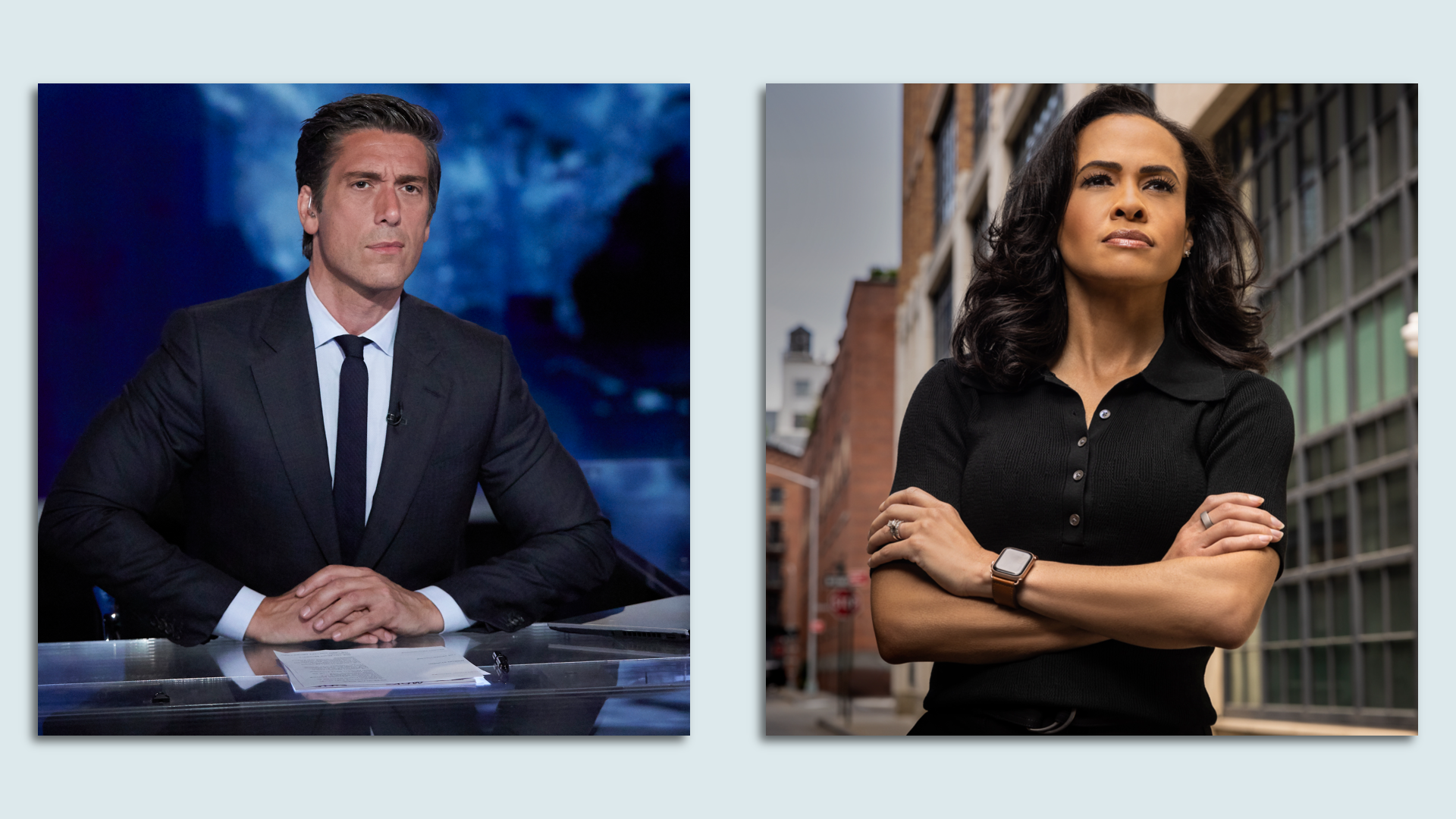 Two photos, one of a man, one of a woman, both looking stern. 