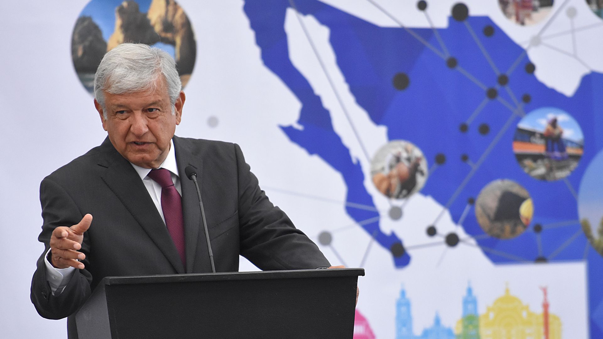 Andres Manuel Lopez Obrador presidential candidate of Mexico talks during the XVI edition of the National Forum of Tourism at Chapultepec Castle on May 07, 2018 in Mexico City, Mexico.