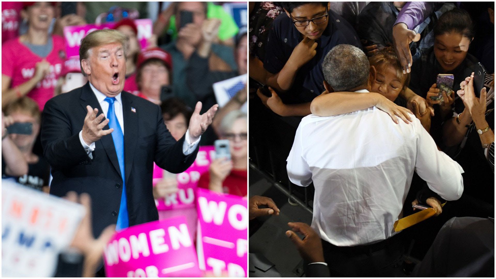 Trump speaking to crowd, Obama hugging fan