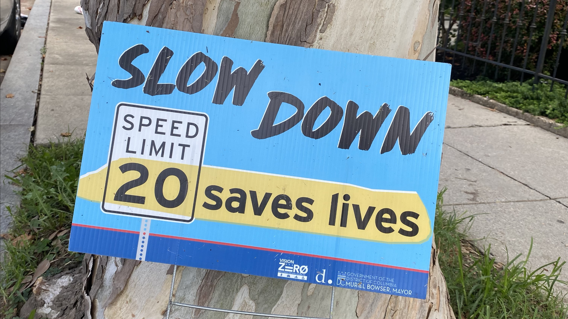 A blue campaign-style sign that reads "Slow down 20 (speed limit) saves lives.