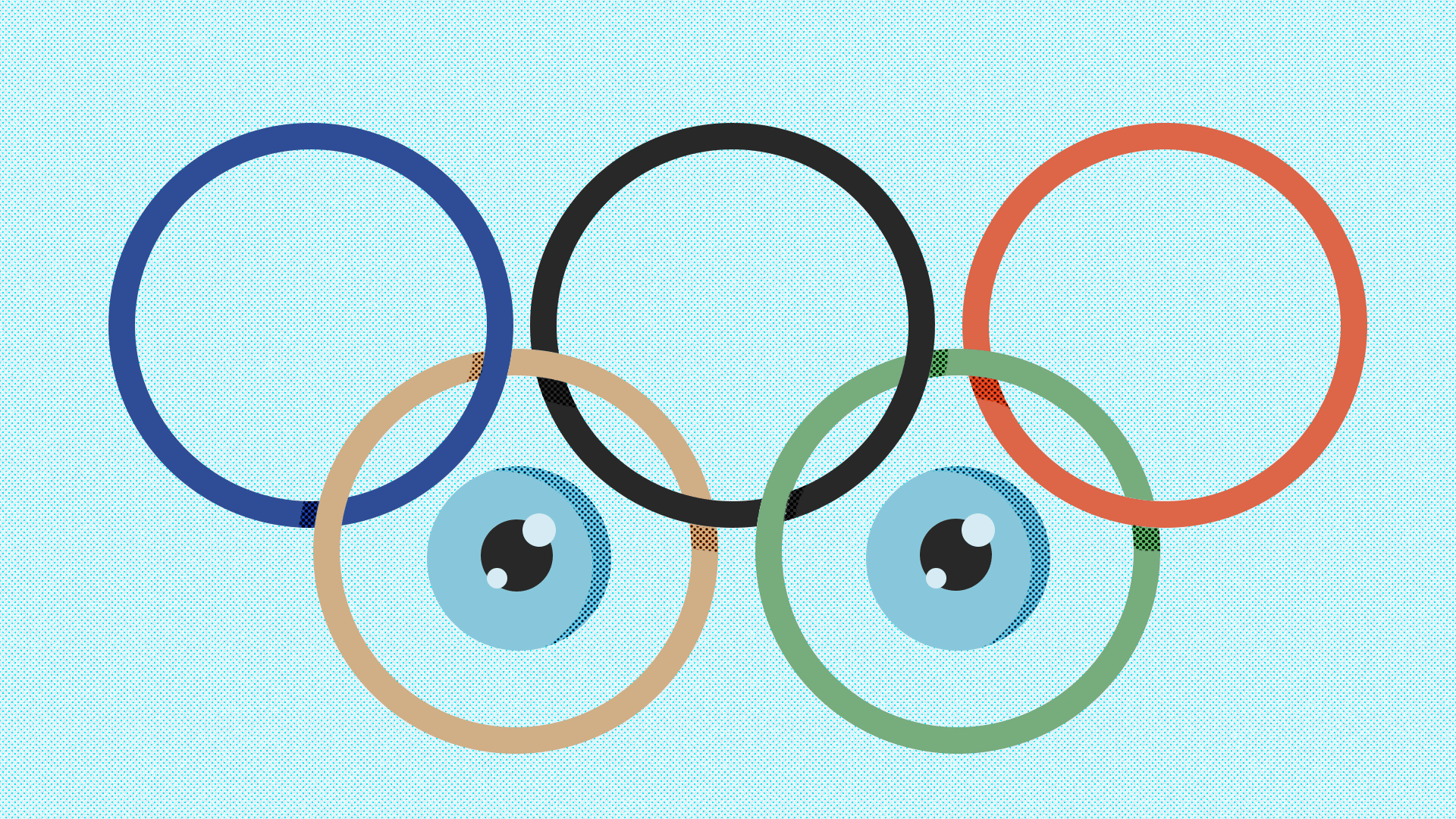 Animated illustration showing the Olympic rings with the bottom two rings as eyes blinking and looking around. 