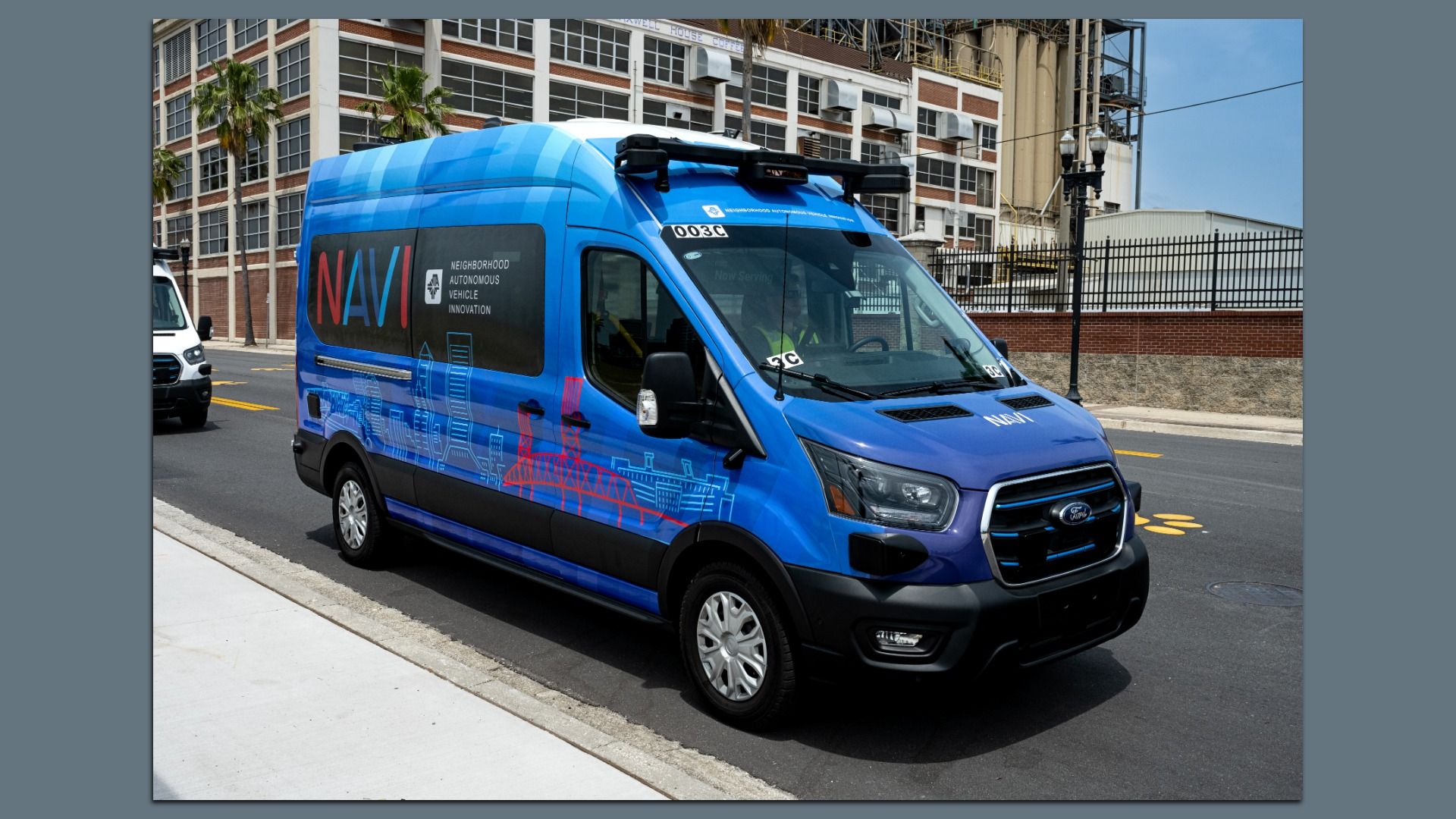 Image of an autonomous shuttle van in Jacksonville, Fla., part of a new transit service operated by the mobility service provider, Beep