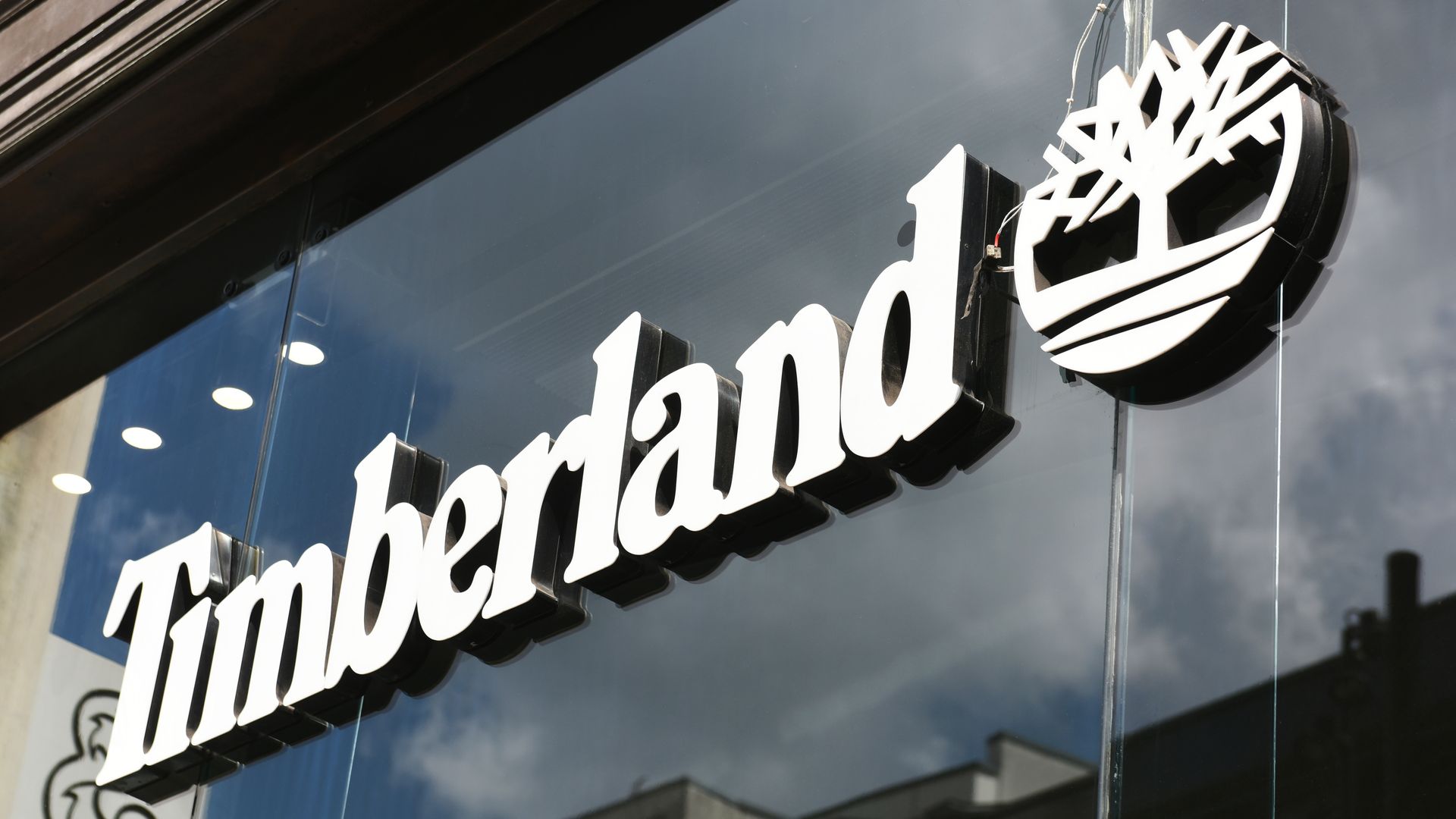 A store sign for footwear brand Timberland.