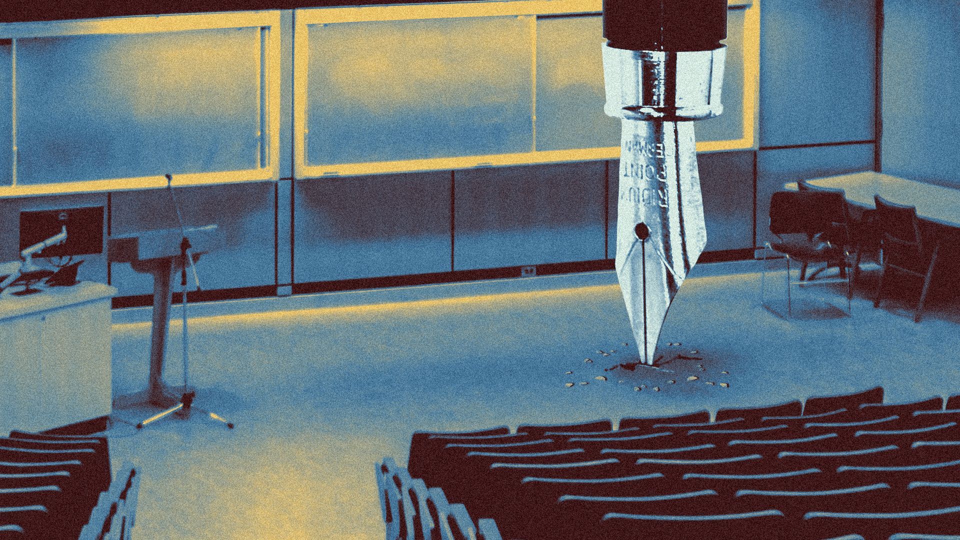 Illustration of a college auditorium, where a gigantic fountain pen has pierced the floor.