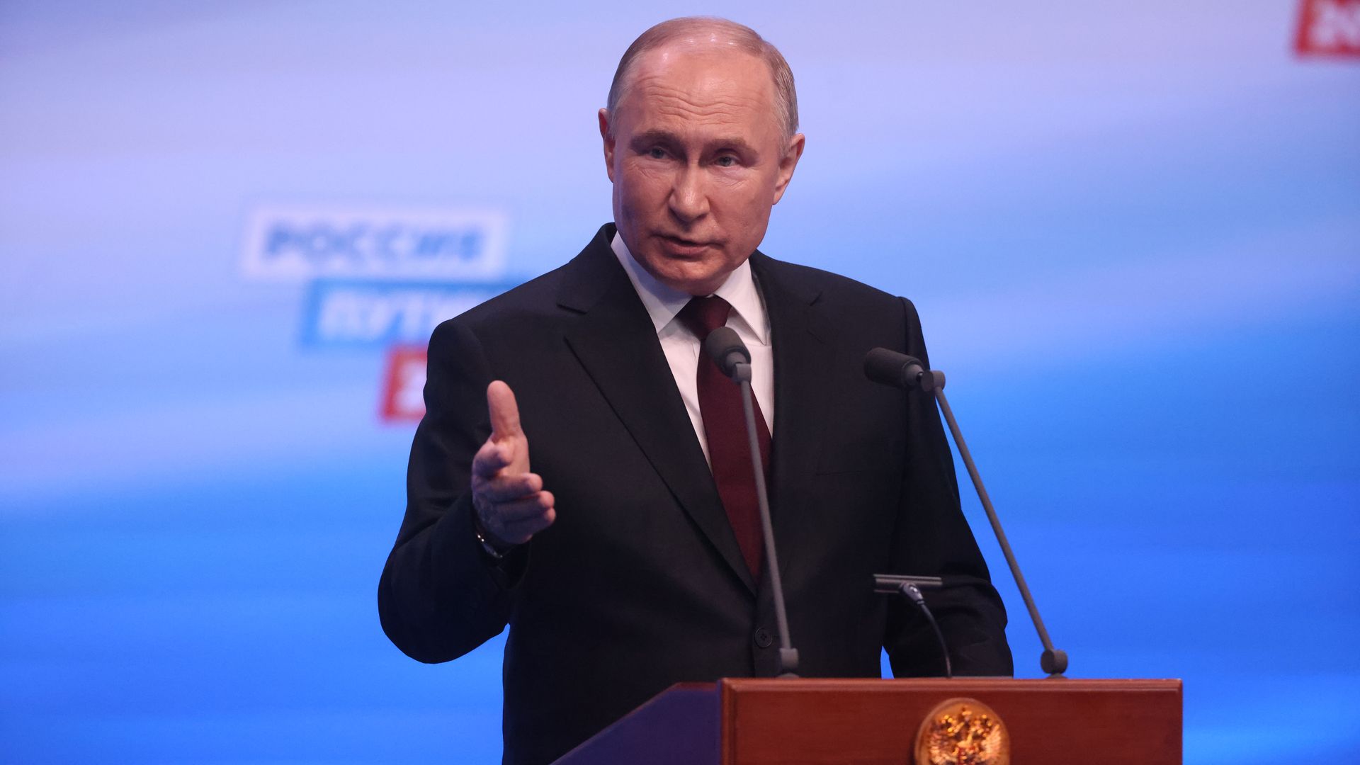 Russian President Vladimir Putin speaks during his press conference at his campaign headquarters, early March,18,2024, in Moscow, Russia. Russian President Vladimir Putin has won the 2024 Presidential Elections, hosted on March 15-17.