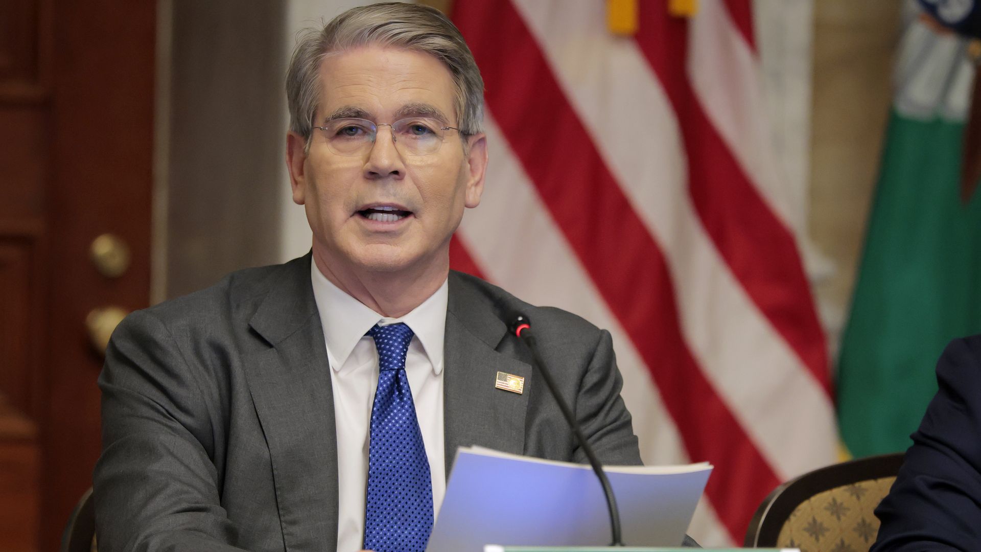 Secretary of the Treasury Scott Bessent gives remarks during a roundtable meeting at the U.S. Treasury Department on May 29, 2025 in Washington, DC.