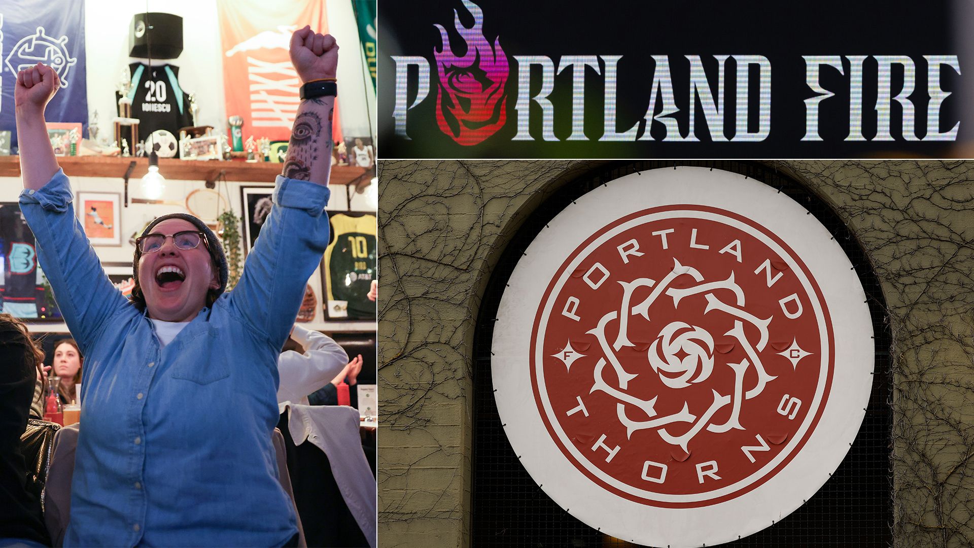 A collage features a person celebrating with arms raised in a blue shirt, banners and jerseys in the background, the Portland Fire logo with a flame, and the Portland Thorns circular emblem with red and white colors.