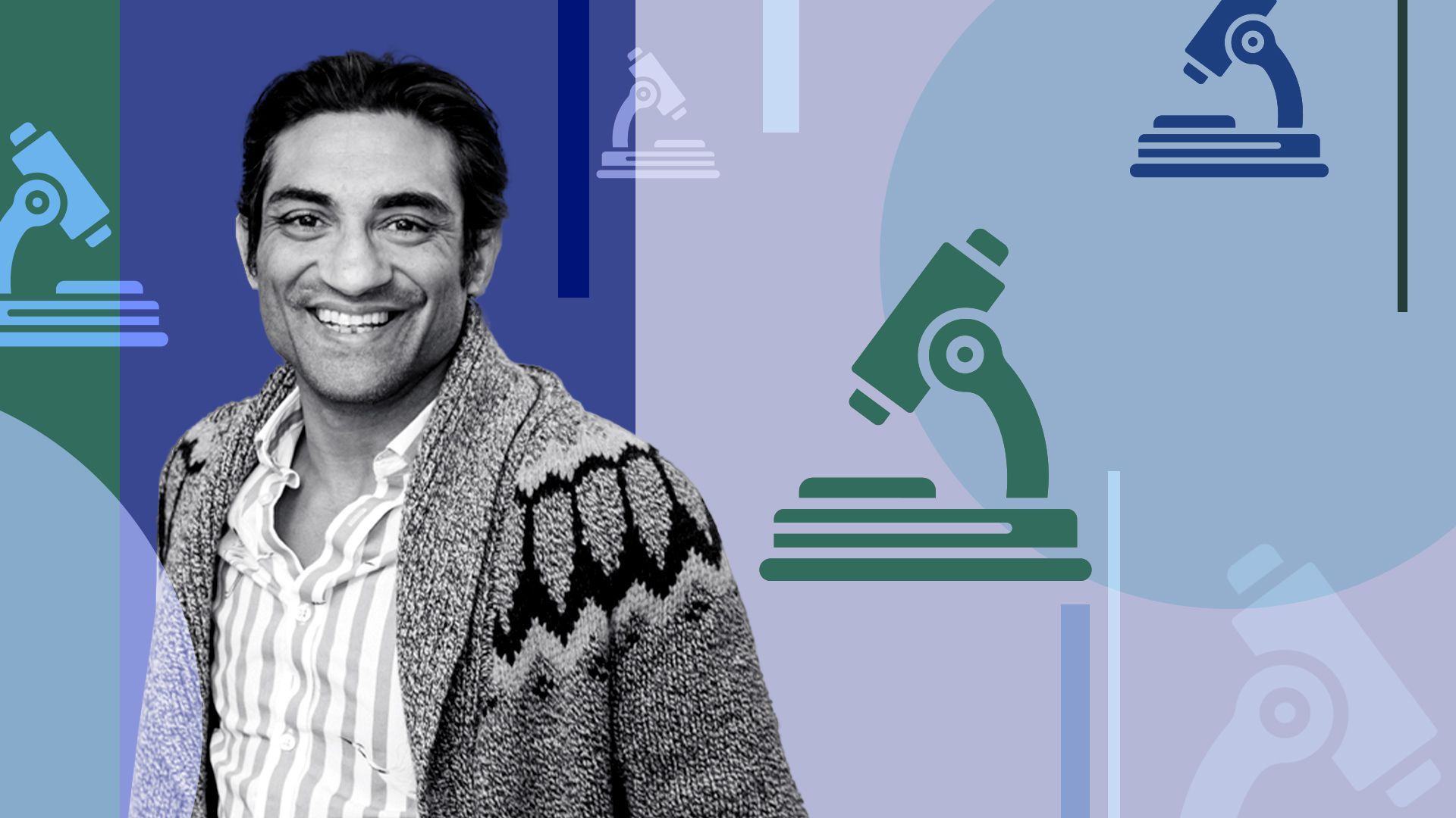 Photo illustration of Arvind Gupta with microscopes and abstract shapes.