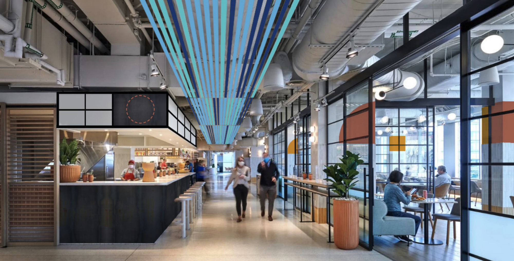 A food hall with a long hall with blue lights and vendor stalls