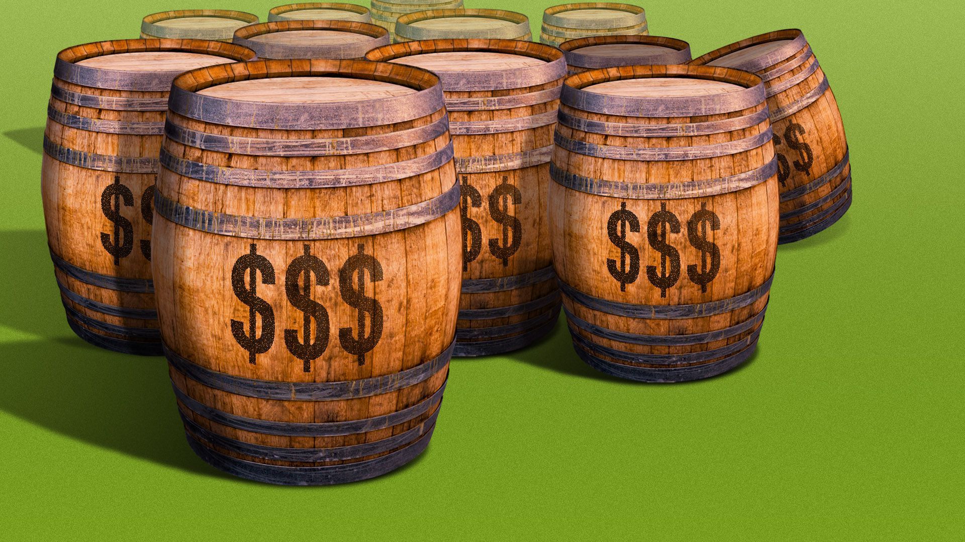 Illustration of barrels with dollar signs on the front