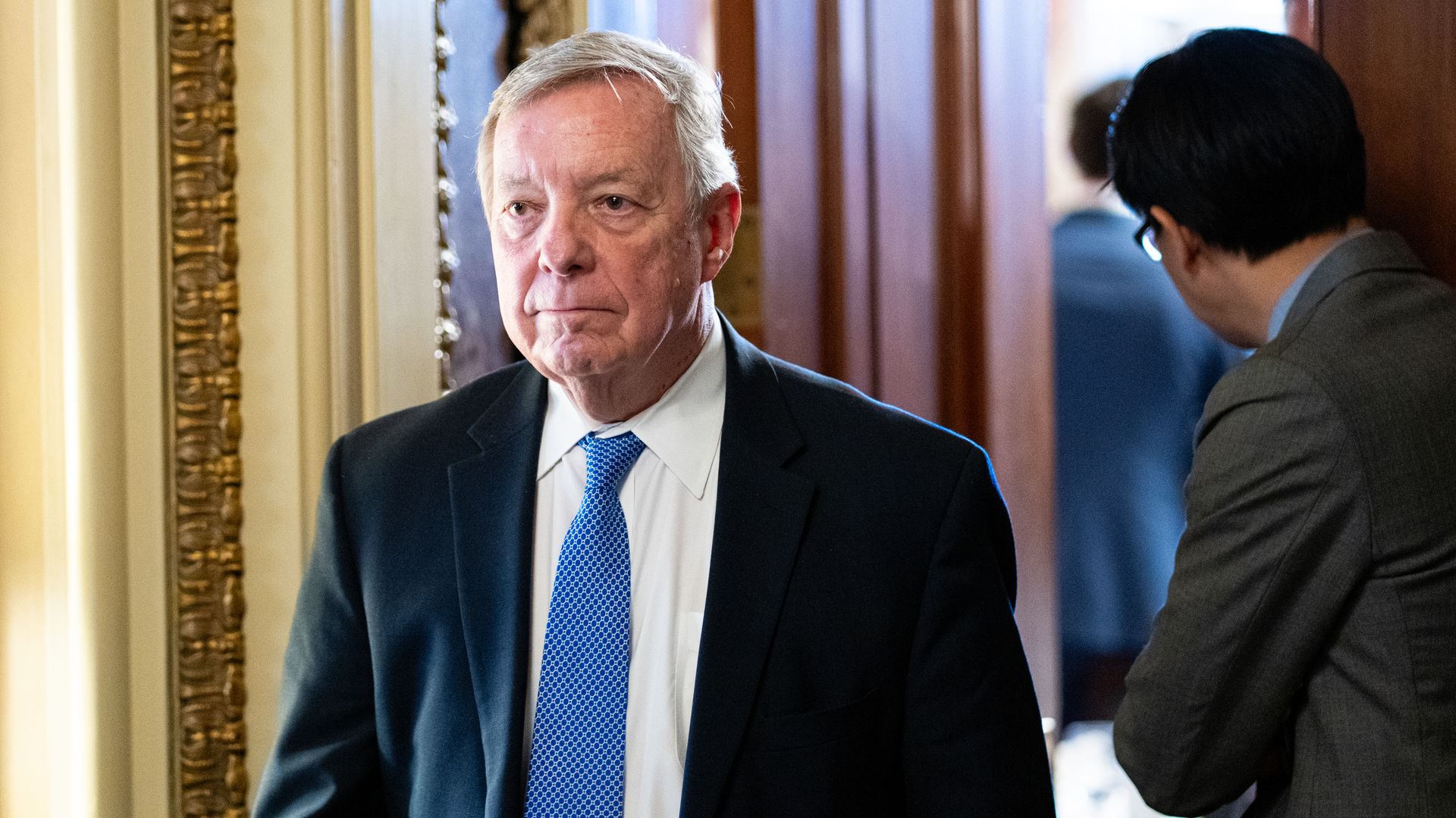 Sen. Richard Durbin, D-Ill., leaves the Senate Democrats' lunch meeting in the Capitol on Tuesday, April 8, 2025. (Bill Clark/CQ-Roll Call, Inc via Getty Images)