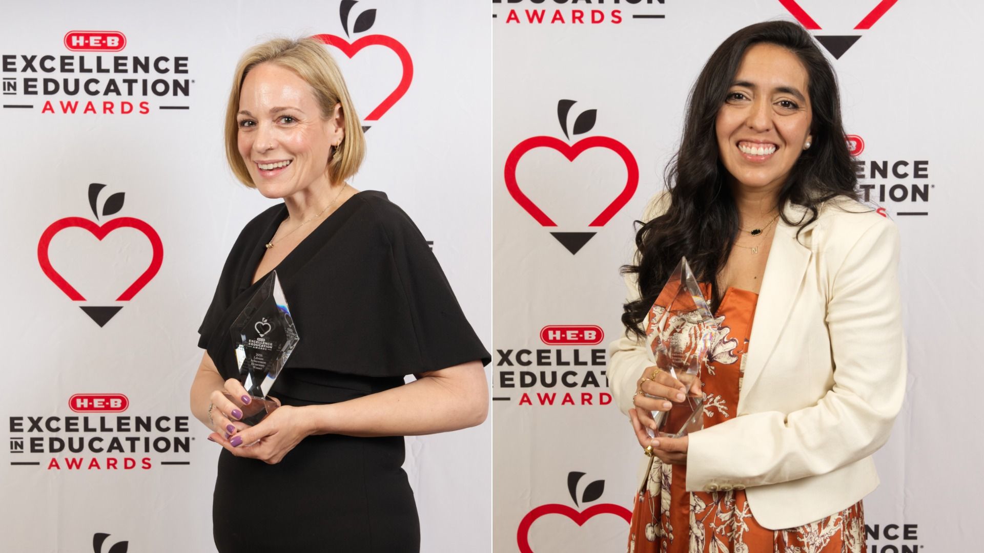 Two smiling women hold crystal awards at a backdrop for the "Excellence in Education Awards" with H-E-B logos. Left: blonde in a black dress; right: woman in a white blazer and orange floral dress.